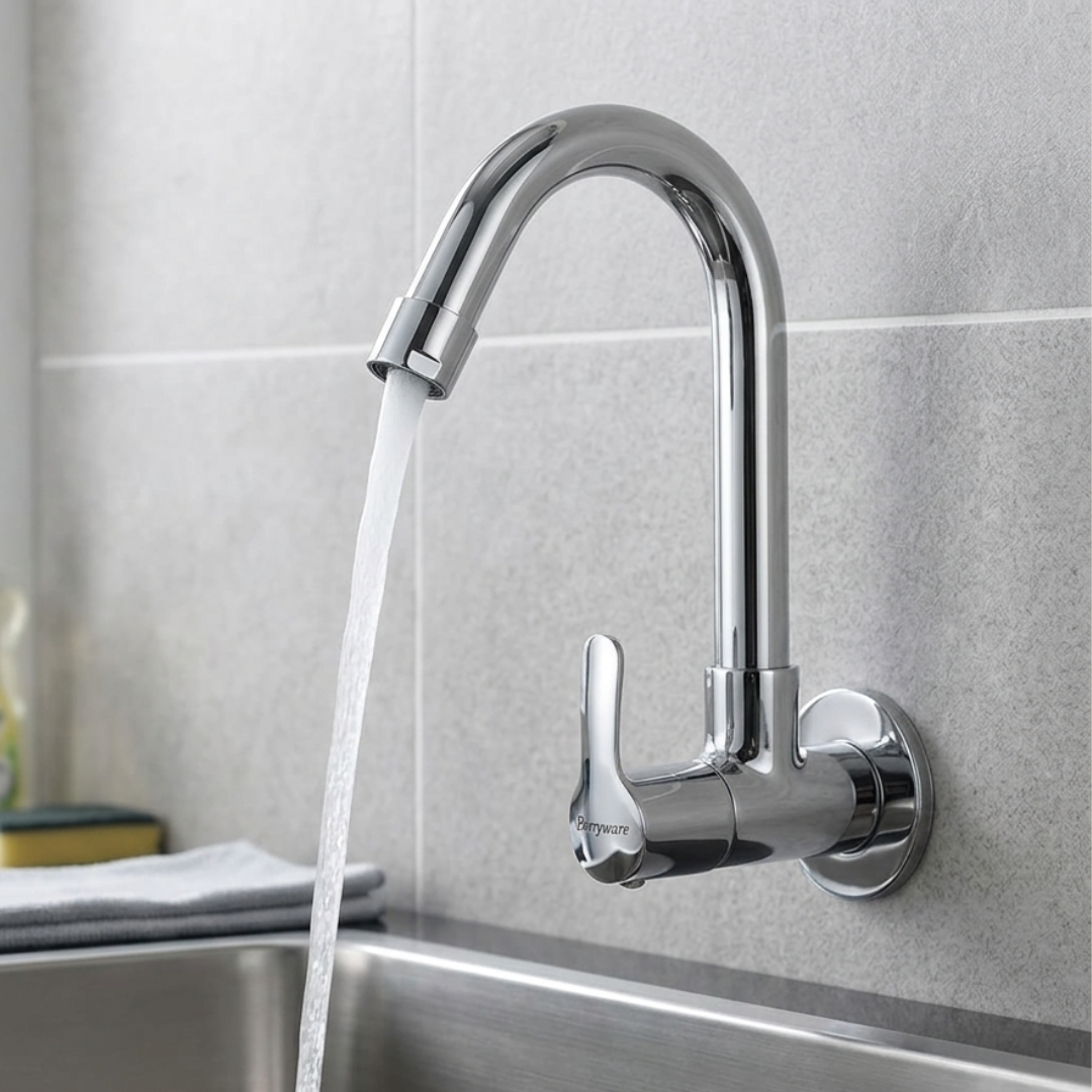Parryware PRUNO Sink Tap for Kitchen Basin with Brass Spindle | 180 degree Swivel Spout | Single Lever Wall Mount Kitchen Sink Cock with water saving aerator | Chrome Finish | T5821A1