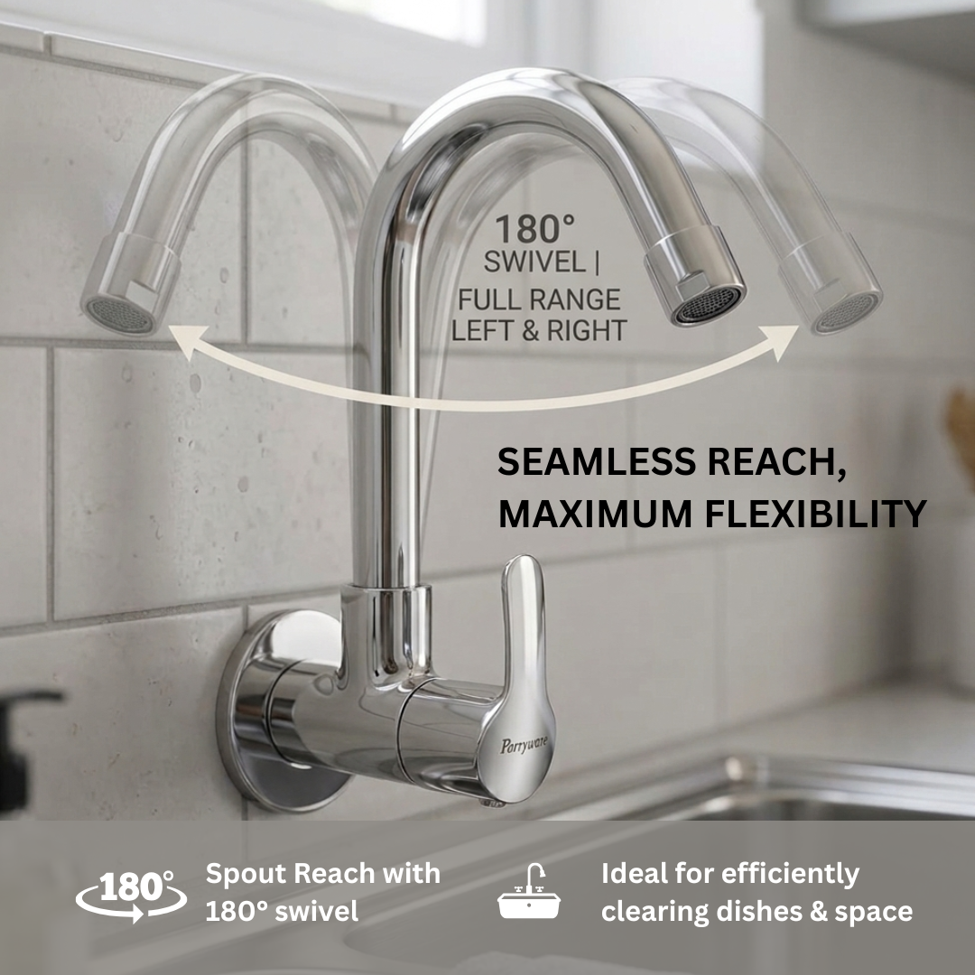 Parryware PRUNO Sink Tap for Kitchen Basin with Brass Spindle | 180 degree Swivel Spout | Single Lever Wall Mount Kitchen Sink Cock with water saving aerator | Chrome Finish | T5821A1