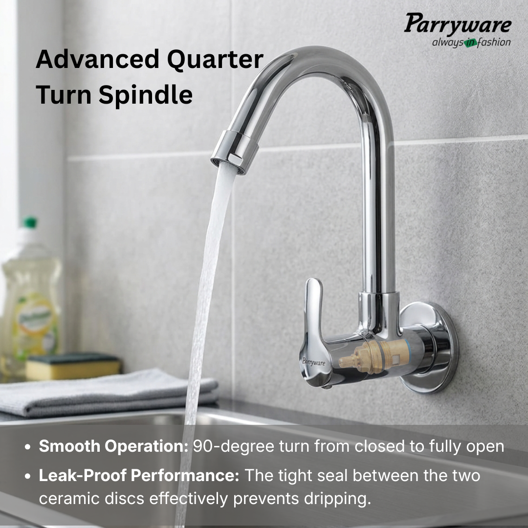 Parryware PRUNO Sink Tap for Kitchen Basin with Brass Spindle | 180 degree Swivel Spout | Single Lever Wall Mount Kitchen Sink Cock with water saving aerator | Chrome Finish | T5821A1