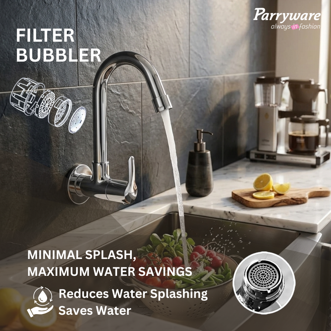 Parryware PRUNO Sink Tap for Kitchen Basin with Brass Spindle | 180 degree Swivel Spout | Single Lever Wall Mount Kitchen Sink Cock with water saving aerator | Chrome Finish | T5821A1