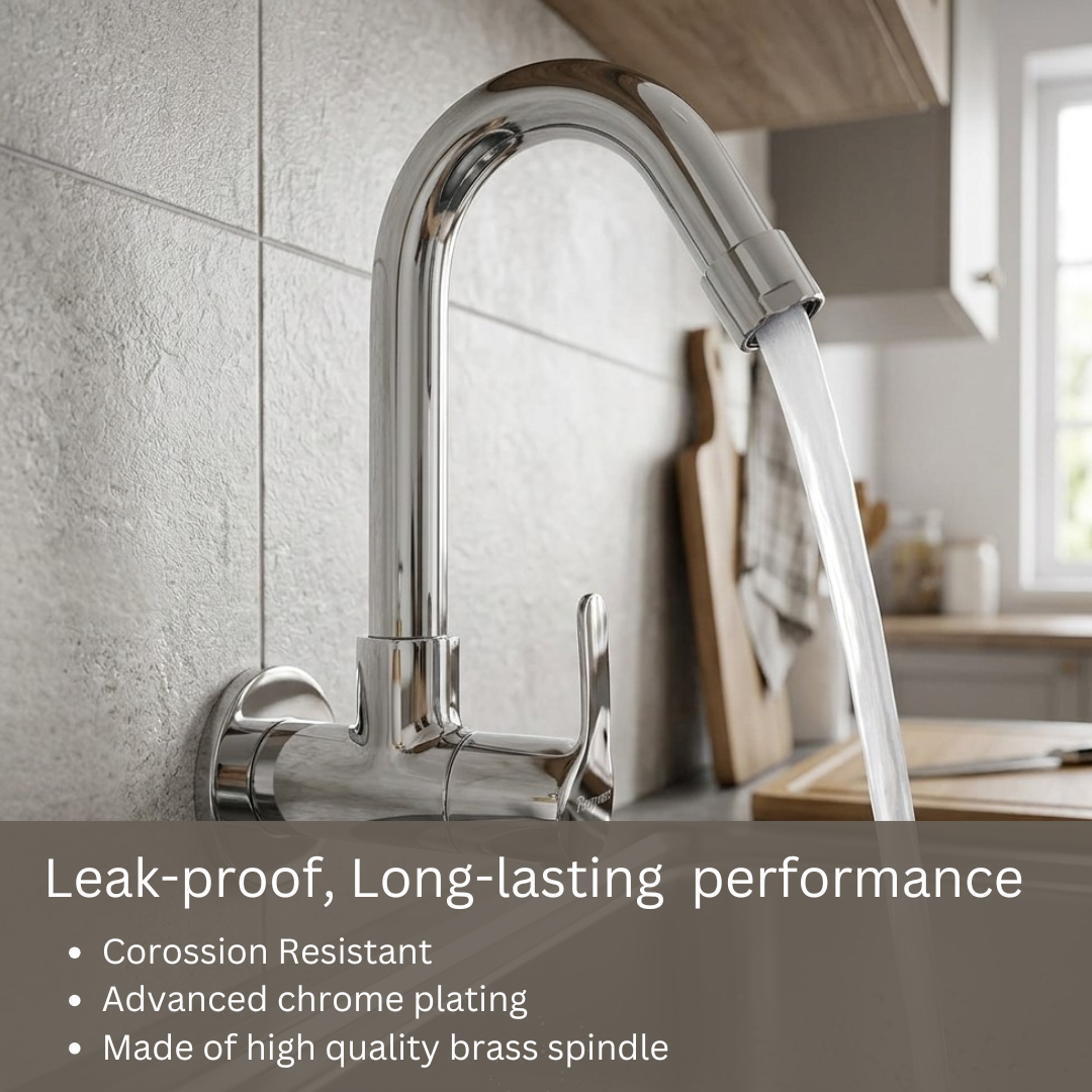 Parryware PRUNO Sink Tap for Kitchen Basin with Brass Spindle | 180 degree Swivel Spout | Single Lever Wall Mount Kitchen Sink Cock with water saving aerator | Chrome Finish | T5821A1