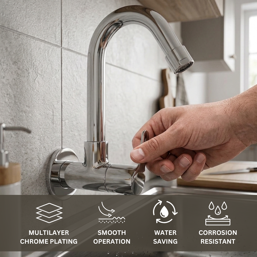 Parryware PRUNO Sink Tap for Kitchen Basin with Brass Spindle | 180 degree Swivel Spout | Single Lever Wall Mount Kitchen Sink Cock with water saving aerator | Chrome Finish | T5821A1
