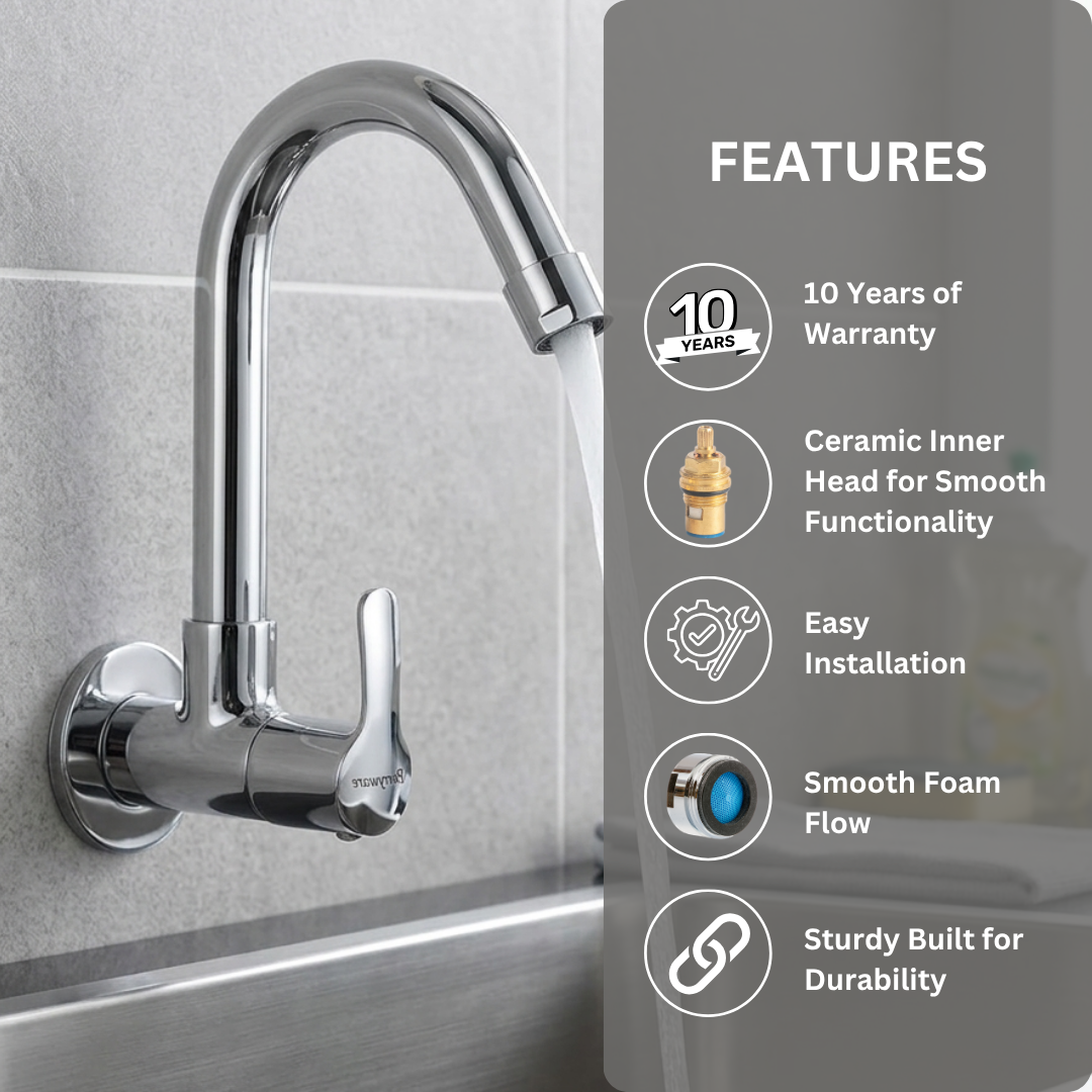 Parryware PRUNO Sink Tap for Kitchen Basin with Brass Spindle | 180 degree Swivel Spout | Single Lever Wall Mount Kitchen Sink Cock with water saving aerator | Chrome Finish | T5821A1