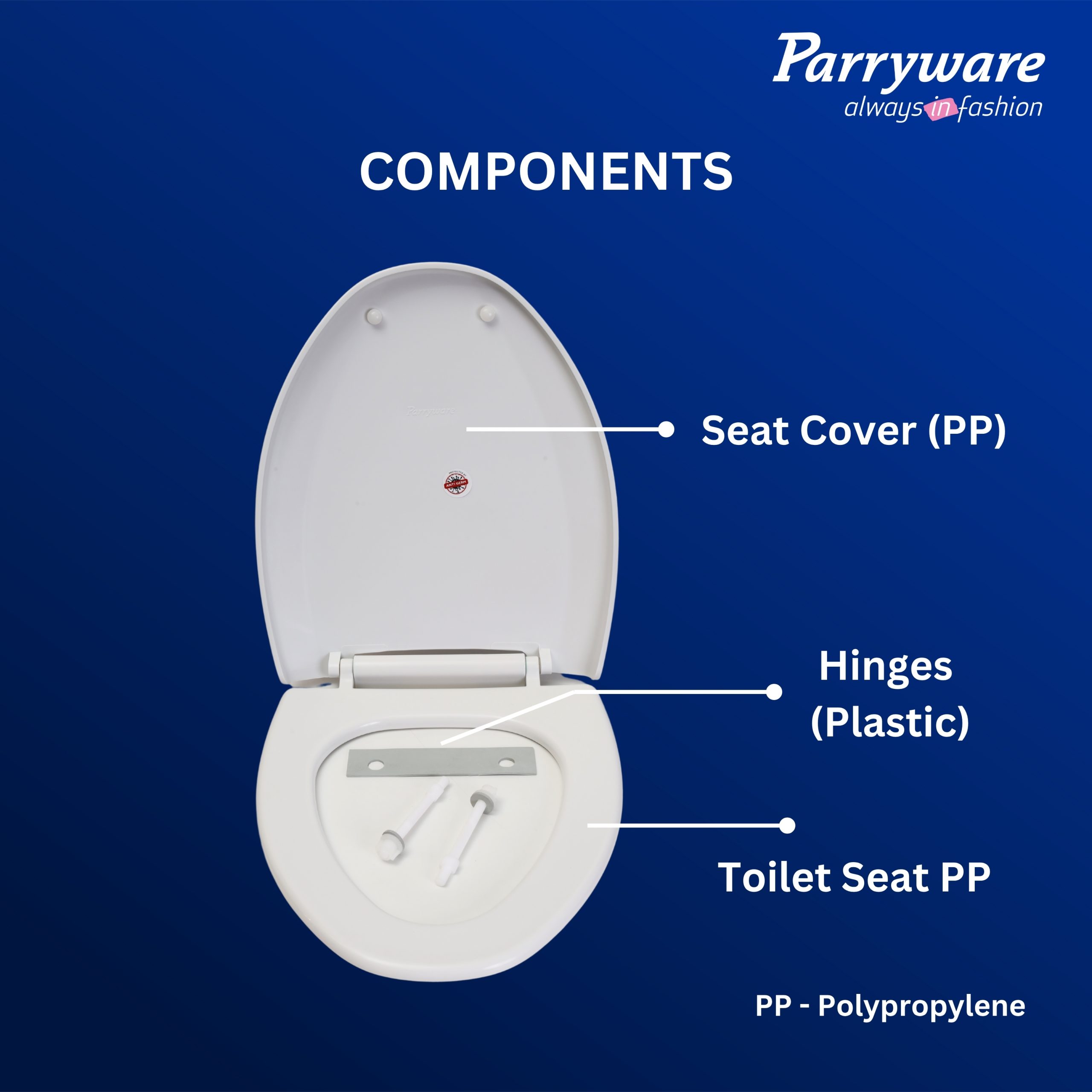 Parryware Casa/Cascade NXT Elongated Soft Close Toilet Seat Cover, White | Polypropylene Seat cover with plastic hinges | 381 x 53 x 448 (mm) | E83821C