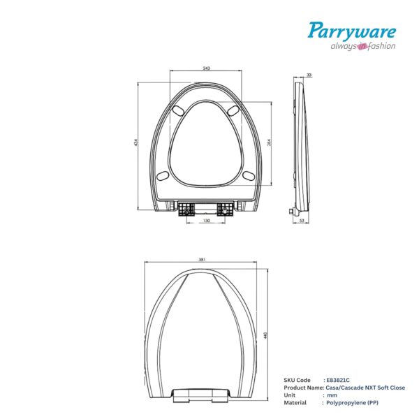 Parryware Casa/Cascade NXT Elongated Soft Close Toilet Seat Cover, White | Polypropylene Seat cover with plastic hinges | 381 x 53 x 448 (mm) | E83821C
