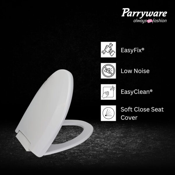 Parryware Casa/Cascade NXT Elongated Soft Close Toilet Seat Cover, White | Polypropylene Seat cover with plastic hinges | 381 x 53 x 448 (mm) | E83821C