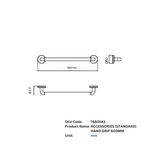 Parryware Hotelier Handgrip 600mm | Modern Bathroom Towel Bar, Chrome-Plated Safety Grab Bar for Elders, Wall Installed | T6605A1