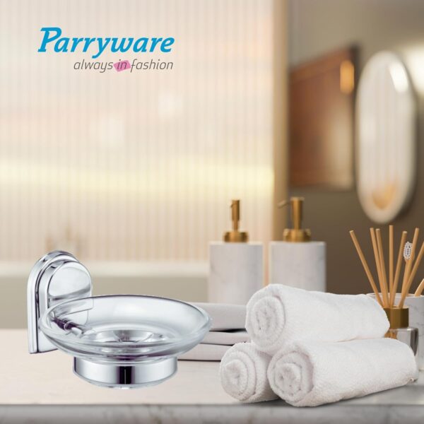 Parryware Comfort Wall-Mounted Bathroom Soap Dish, Chrome-Plated Holder with Glass Dish | Soap Holder for Bathroom | Corrosion and Tarnishing Resistant Glass | T6907A1