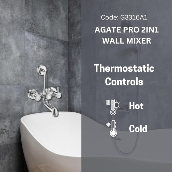 Parryware Agate Pro (Quarter-Turn) Wall Mixer 2-in-1 | Wall Mounted Twin-Lever Faucet | Hot and Cold Water Control valves | Brass Spindle with Chrome Finish | G3316A1