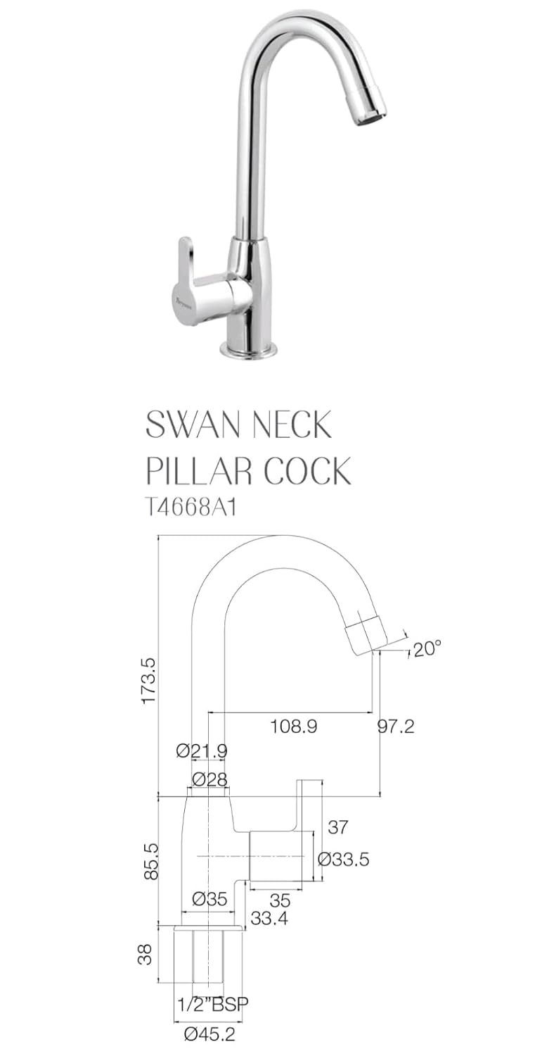 Parryware T4668A1 Claret Swan Neck Pillar Cock for Bathroom Fixtures/Fittings (Silver)