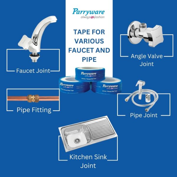 Parryware PTFE Thread Seal Tape 10 M | Leak Proof & Water proof Plumbing Perfection | (Size 12 mm x 0.1 mm x 10 mtr) | Professional high grade teflon tape (Pack of 10) (100)