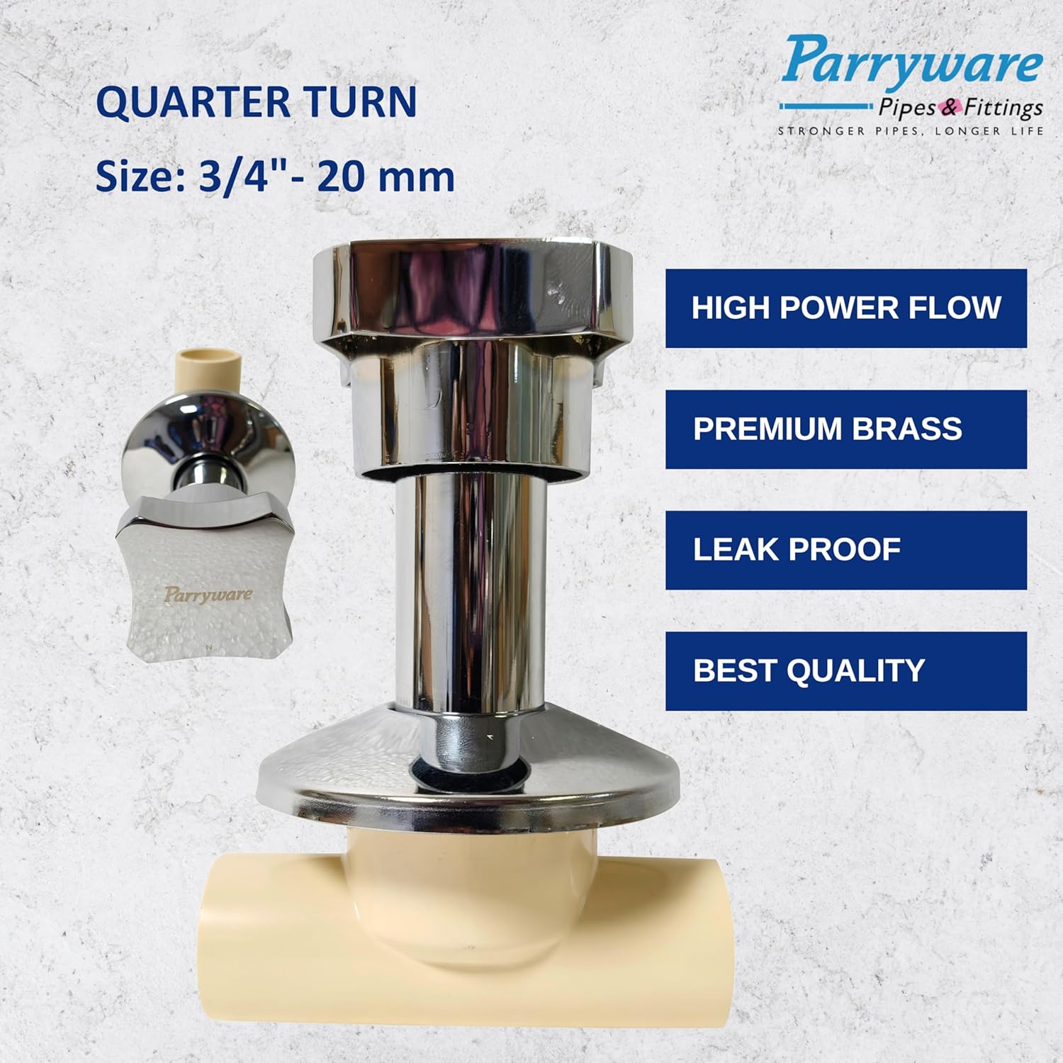 Parryware JADE CPVC Pure Brass Concealed Stop Cock with Wall Flange, 20 mm (3/4 inch) | Quarter Turn with ceramic spindle Concealed Stop Valve for bathroom pipe fittings | FCF204002