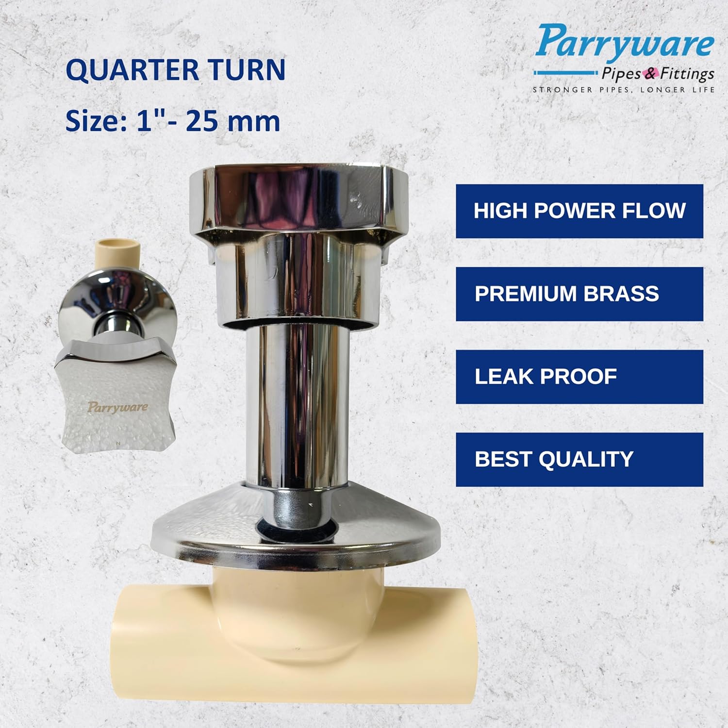 Parryware JADE CPVC Pure Brass Concealed Stop Cock with Wall Flange, 25 mm (1 inch) | Quarter Turn Concealed Stop Valve for bathroom pipe fittings | FCF204003