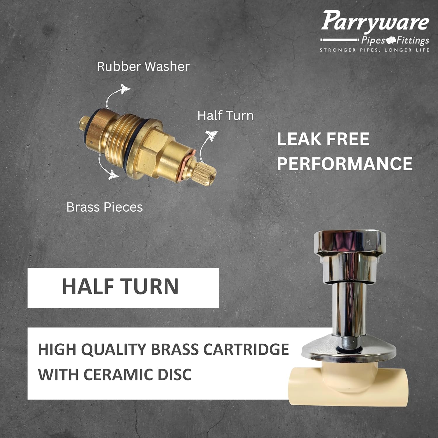 Parryware JADE UPVC Pure Brass Concealed Stop Cock with Wall Flange, 20 mm (3/4 inch) | Half Turn with ceramic spindle Concealed Stop Valve for bathroom pipe fittings | FUF096002