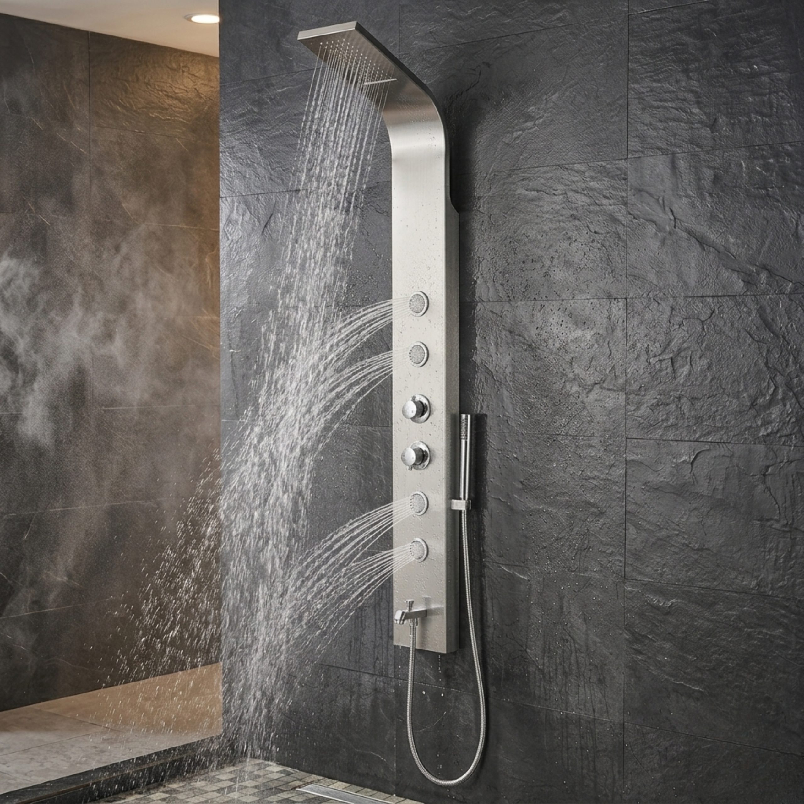 Parryware Verve In-Wall Thermostatic Shower Panel with Cascade Waterfall/Rain Shower and 4 Body Jets | C884099