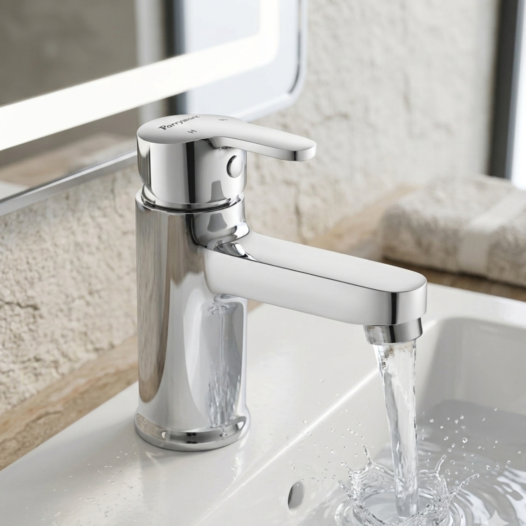 Parryware PRUNO Brass Basin Mixer for Bathroom | Single Lever Deck Mounted Mixer tap with hot and Cold Function | Water Saving Foam Flow Aerator | 10 Years Warranty Chrome Finish | T5865A1