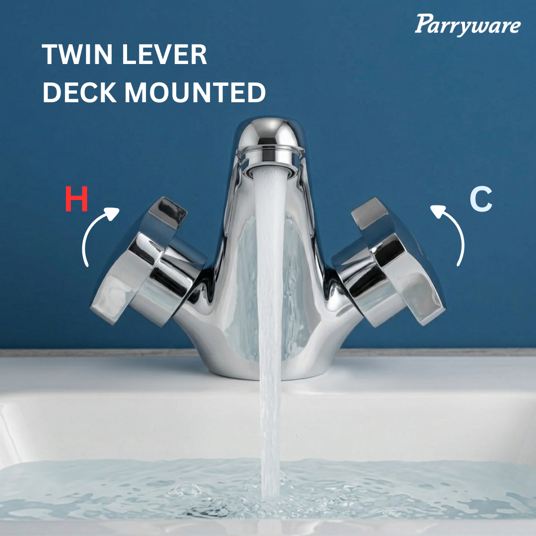 Parryware JADE brass Basin Mixer without Popup for Bathroom | Twin Lever Deck Mounted Mixer tap with hot and Cold Function | Water Saving Foam Flow Aerator | 10 Years Warranty | G0214A1
