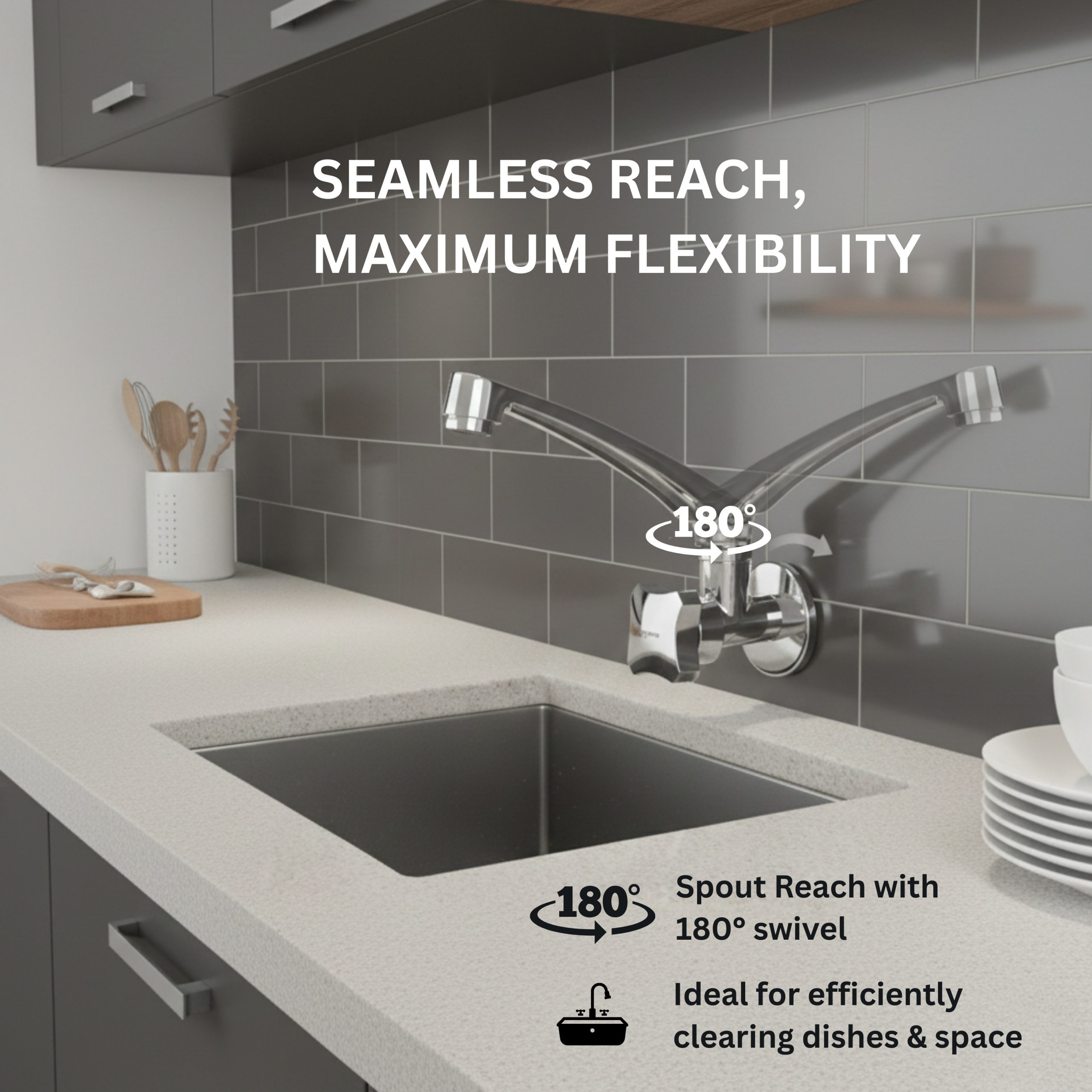 Parryware Jade Wall Mounted Kitchen Sink Cock | Cold-Only Single Lever Faucet with 180° Swivel Kitchen Sink Tap| Water Saving Aerated Flow | Chrome Finish | G0221A1