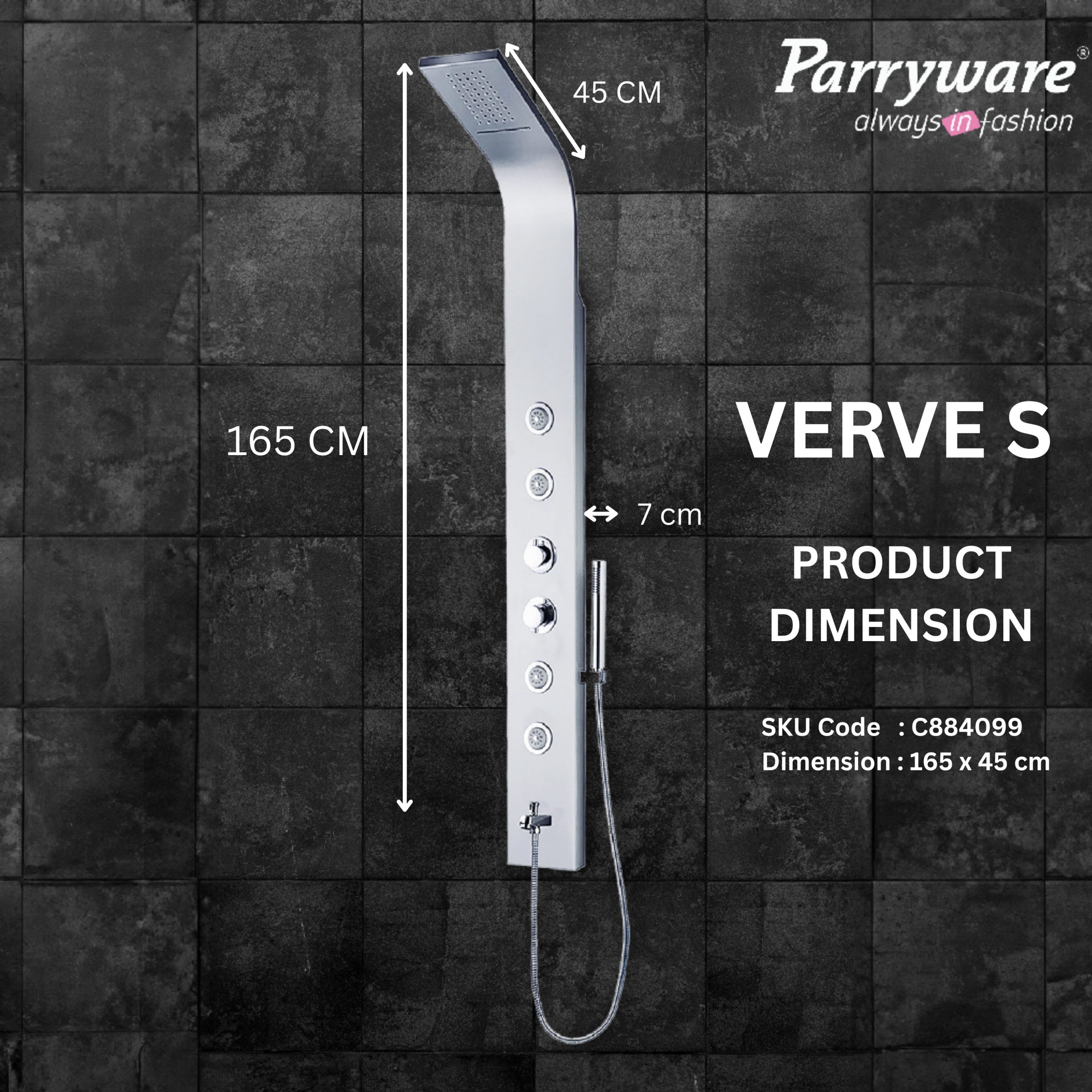 Parryware Verve In-Wall Thermostatic Shower Panel with Cascade Waterfall/Rain Shower and 4 Body Jets | C884099