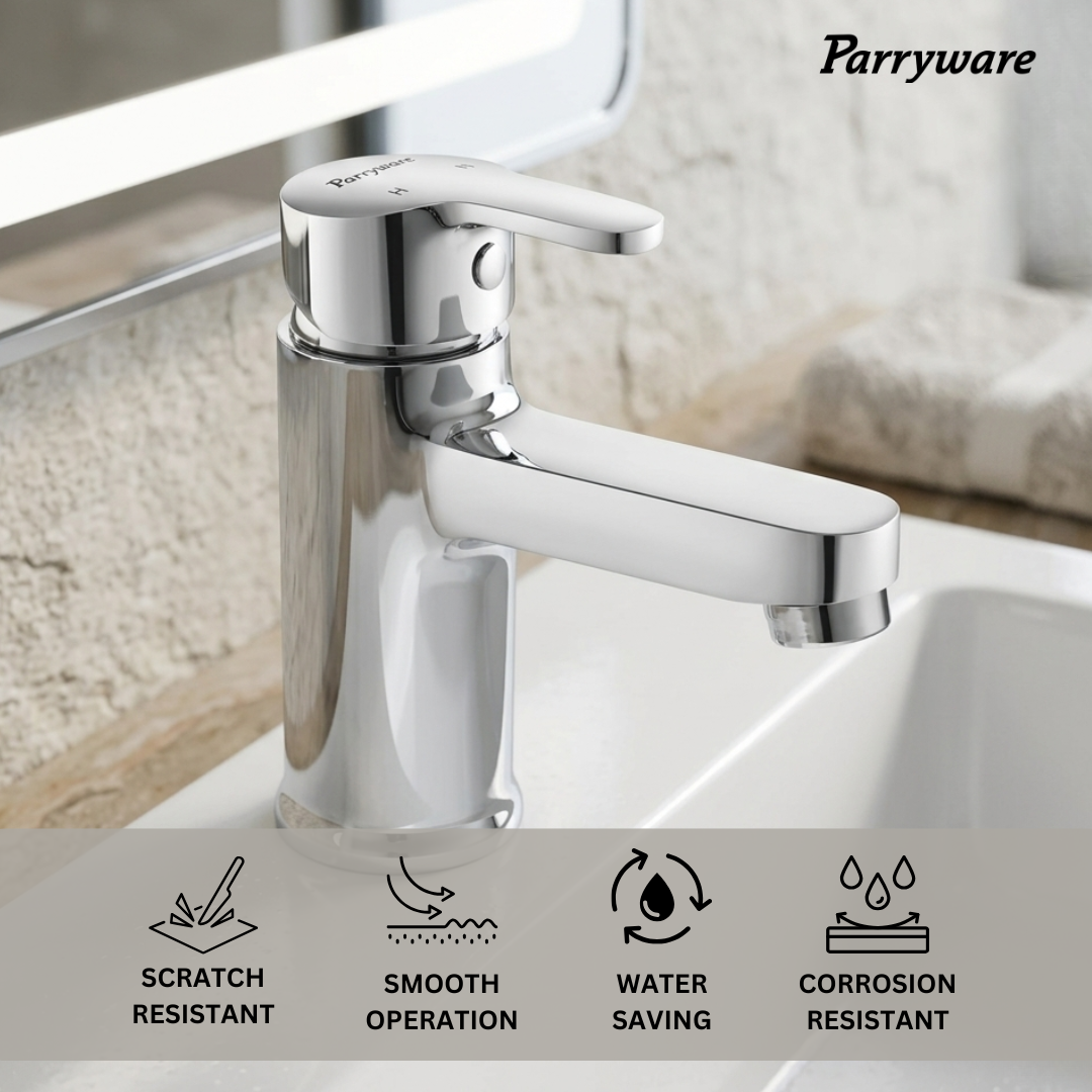 Parryware PRUNO Brass Basin Mixer for Bathroom | Single Lever Deck Mounted Mixer tap with hot and Cold Function | Water Saving Foam Flow Aerator | 10 Years Warranty Chrome Finish | T5865A1