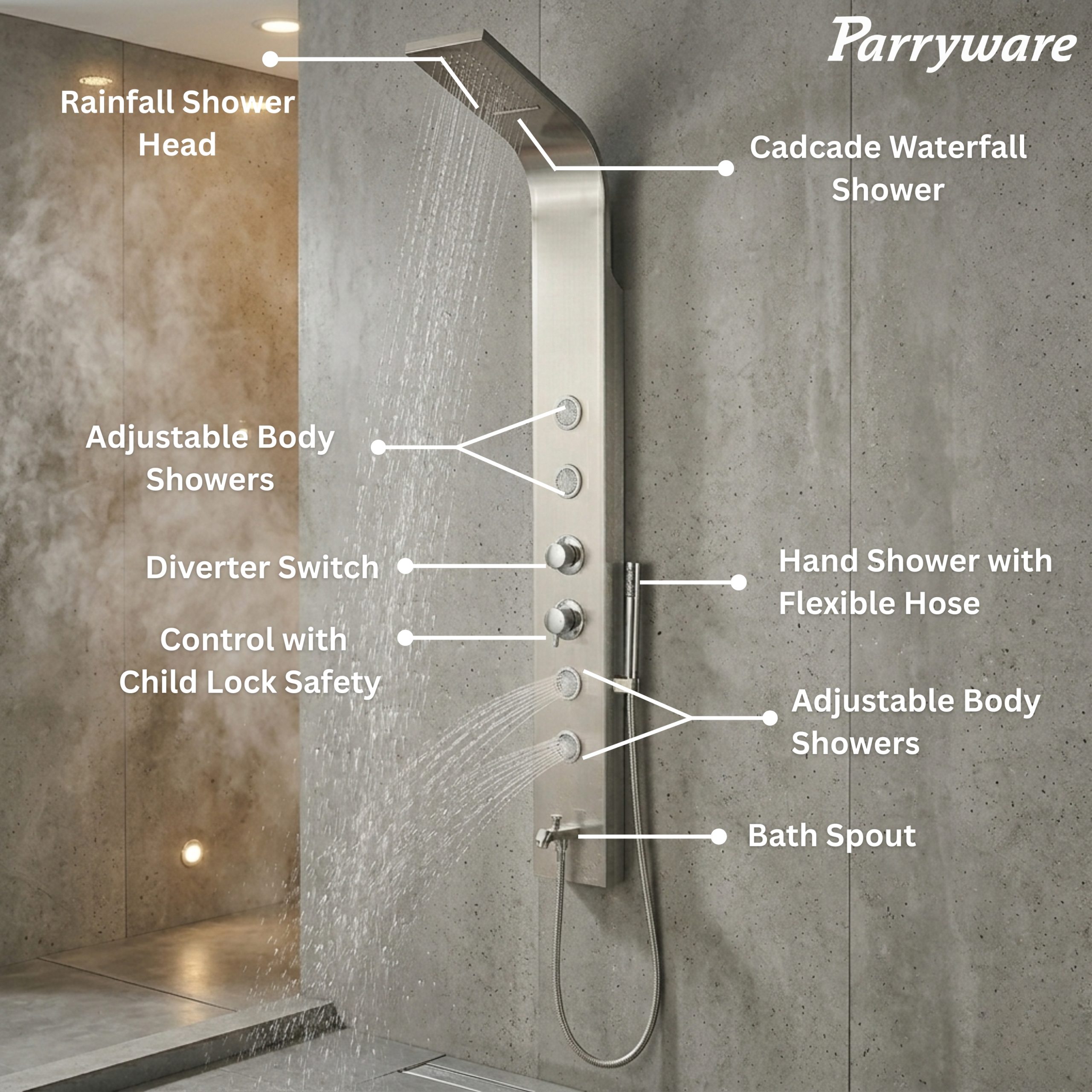Parryware Verve In-Wall Thermostatic Shower Panel with Cascade Waterfall/Rain Shower and 4 Body Jets | C884099