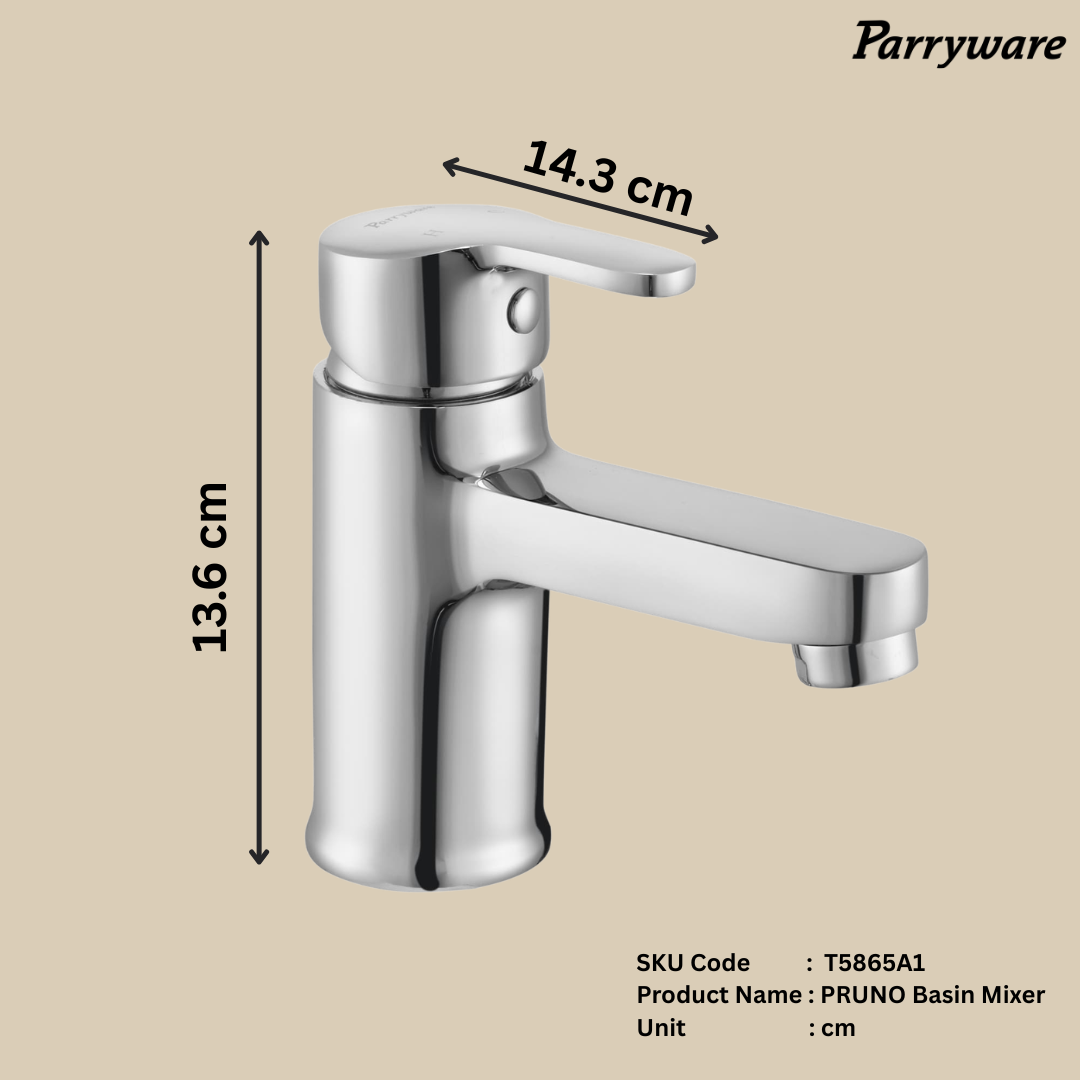 Parryware PRUNO Brass Basin Mixer for Bathroom | Single Lever Deck Mounted Mixer tap with hot and Cold Function | Water Saving Foam Flow Aerator | 10 Years Warranty Chrome Finish | T5865A1