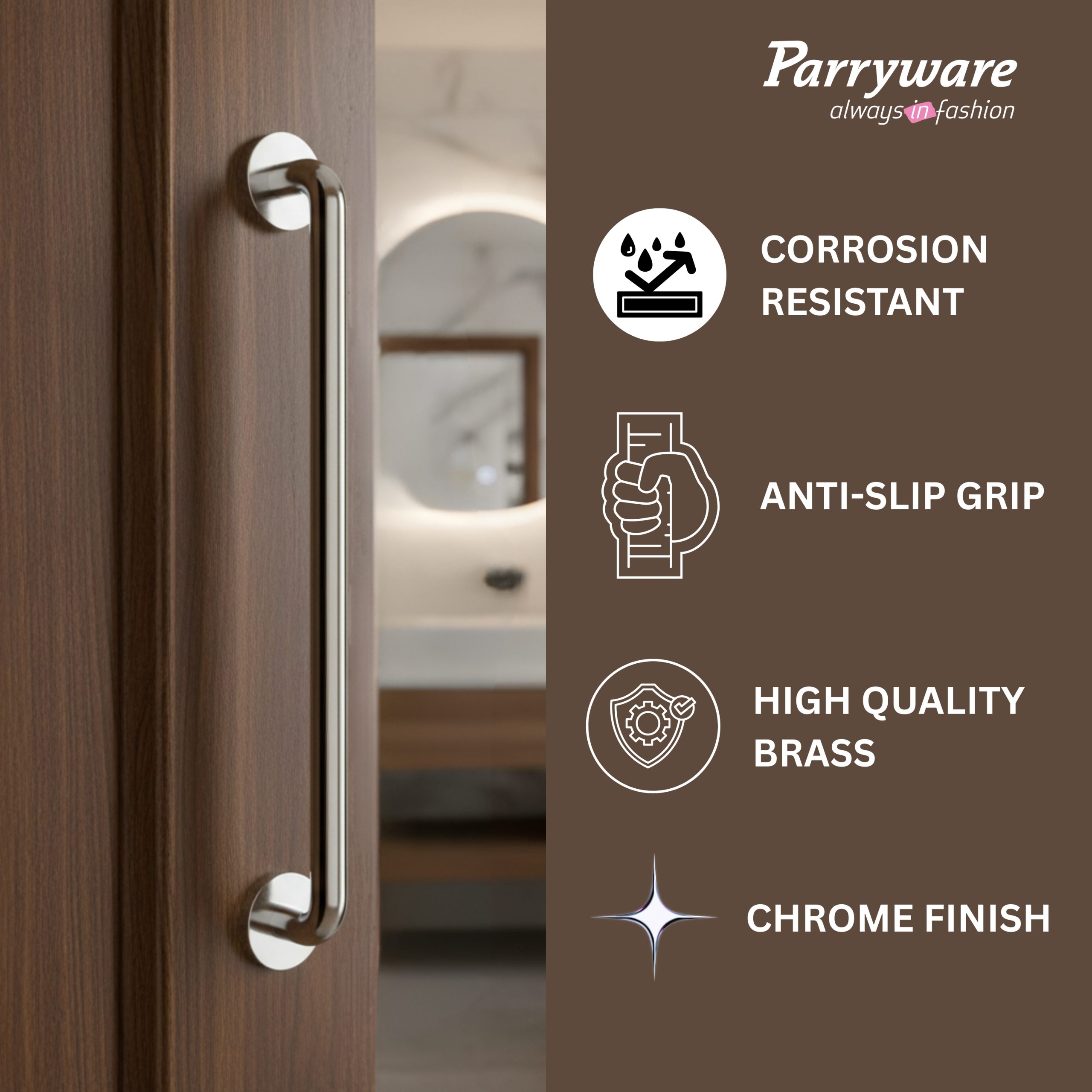 Parryware Hotelier Handgrip 450mm | Modern Bathroom Towel Bar, Chrome-Plated Safety Grab Bar for Elders, Wall Installed | T6604A1