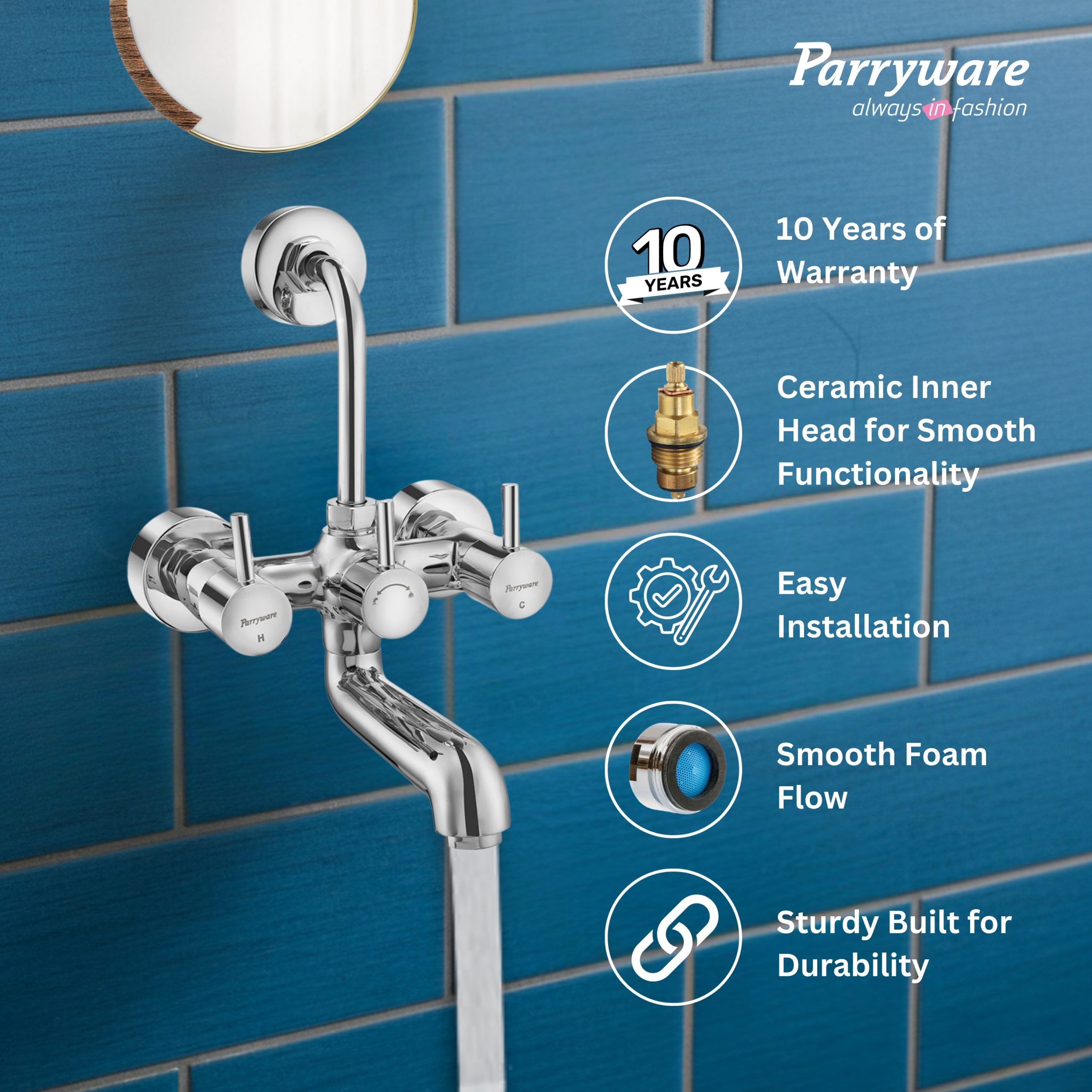 Parryware Agate Pro (Quarter-Turn) Wall Mixer 2-in-1 | Wall Mounted Twin-Lever Faucet | Hot and Cold Water Control valves | Brass Spindle with Chrome Finish | G3316A1