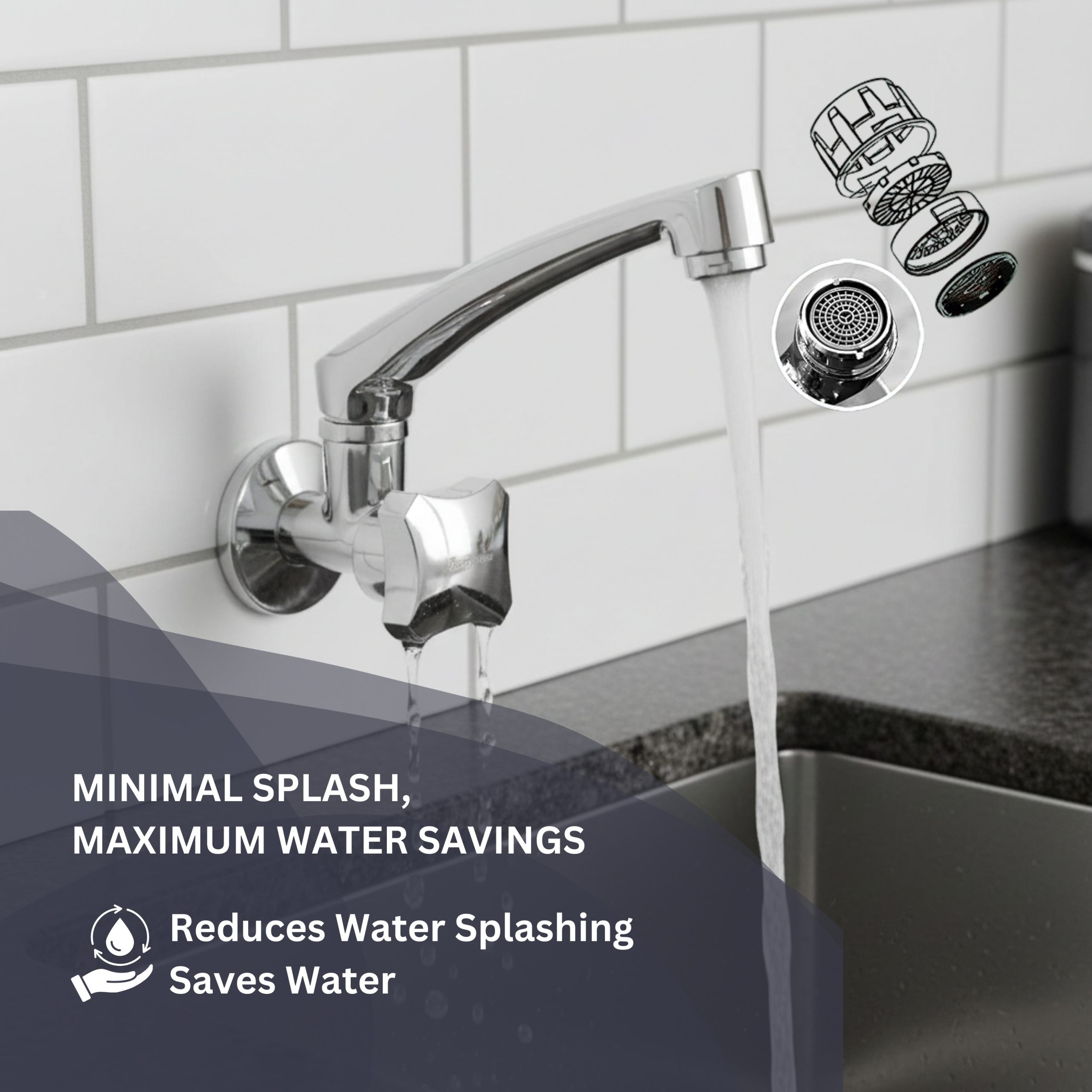 Parryware Jade Wall Mounted Kitchen Sink Cock | Cold-Only Single Lever Faucet with 180° Swivel Kitchen Sink Tap| Water Saving Aerated Flow | Chrome Finish | G0221A1