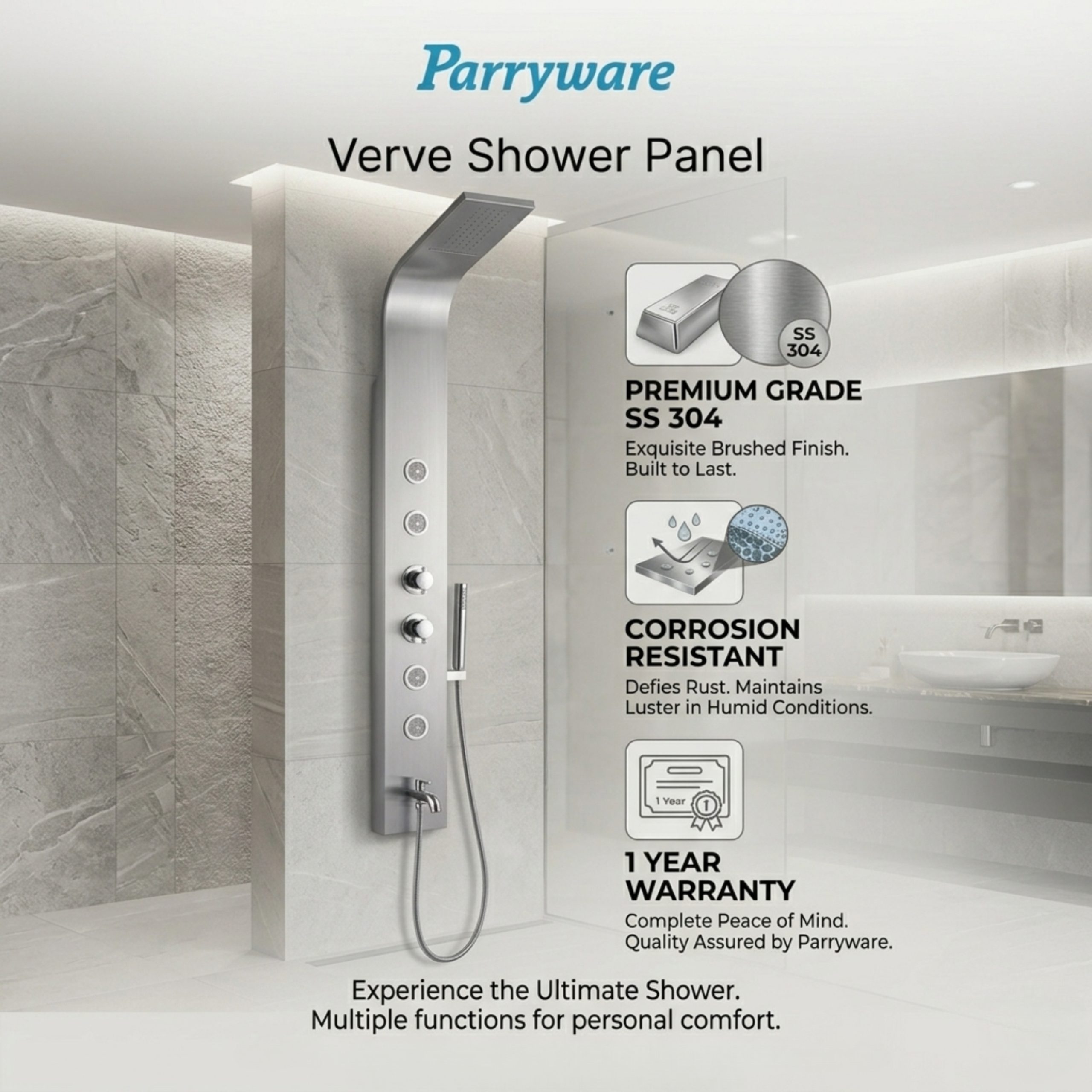 Parryware Verve In-Wall Thermostatic Shower Panel with Cascade Waterfall/Rain Shower and 4 Body Jets | C884099