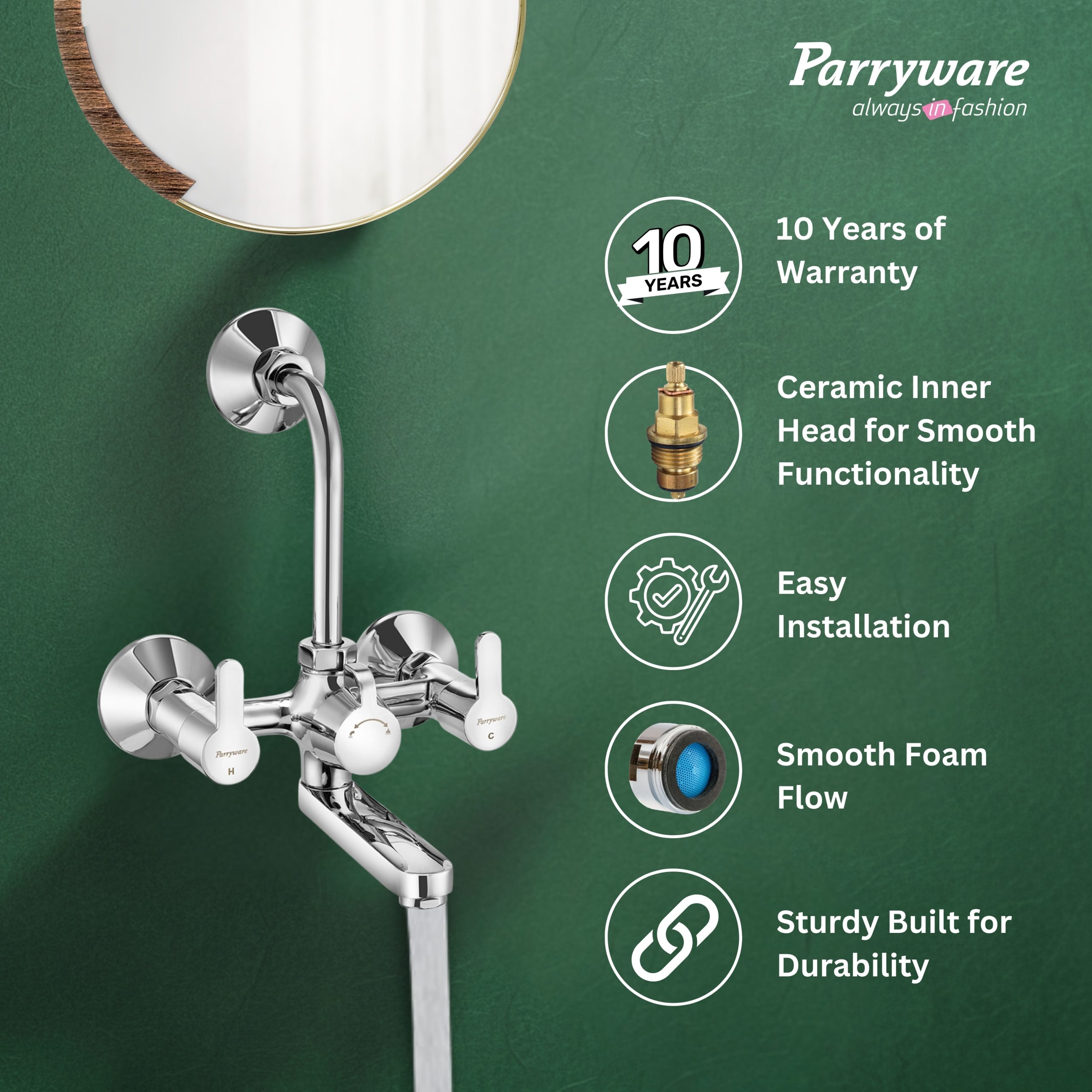 Parryware Claret Wall Mixer 2 in 1 for Bathroom with Wall Flange | Chrome Finish/Bathroom Fixtures/Fittings | Brass Spindle Mixer Tap for Bathroom with Water Saving Nozzle Tap | T4616A1