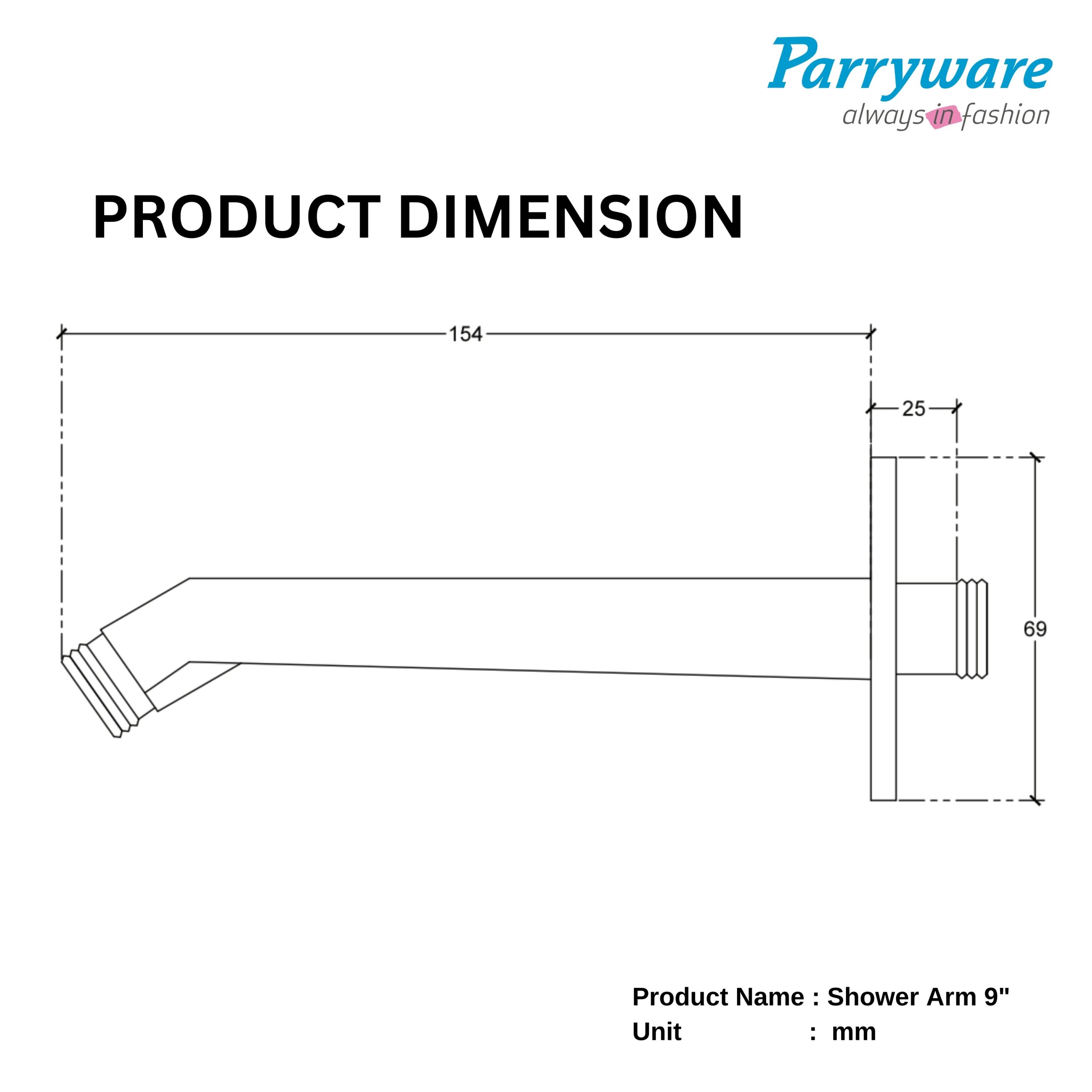 Parryware T9955A1 Square shower arm 9" | Corrosion resistant | Suitable for all model | 10 Year Warranty
