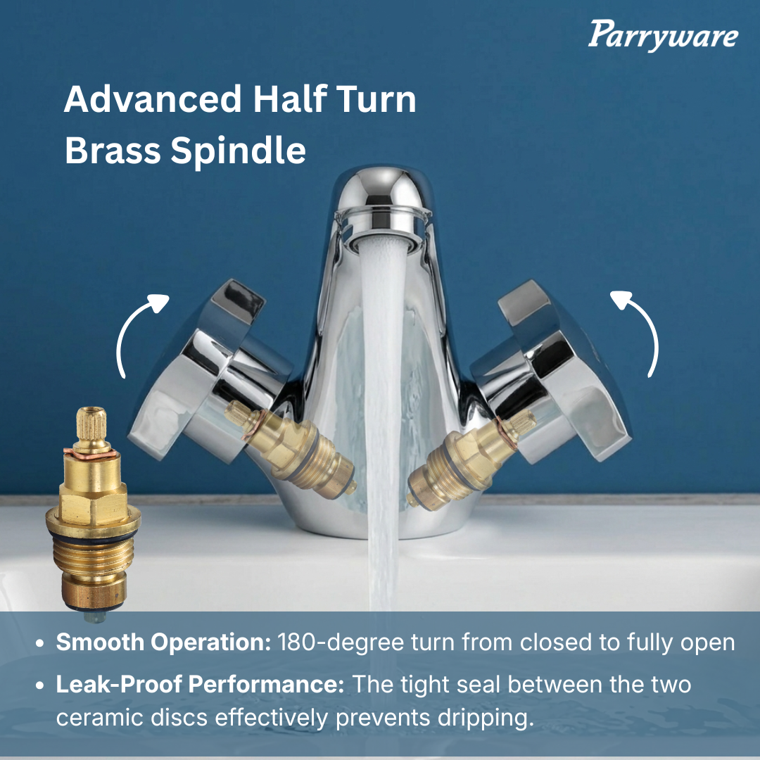 Parryware JADE brass Basin Mixer without Popup for Bathroom | Twin Lever Deck Mounted Mixer tap with hot and Cold Function | Water Saving Foam Flow Aerator | 10 Years Warranty | G0214A1