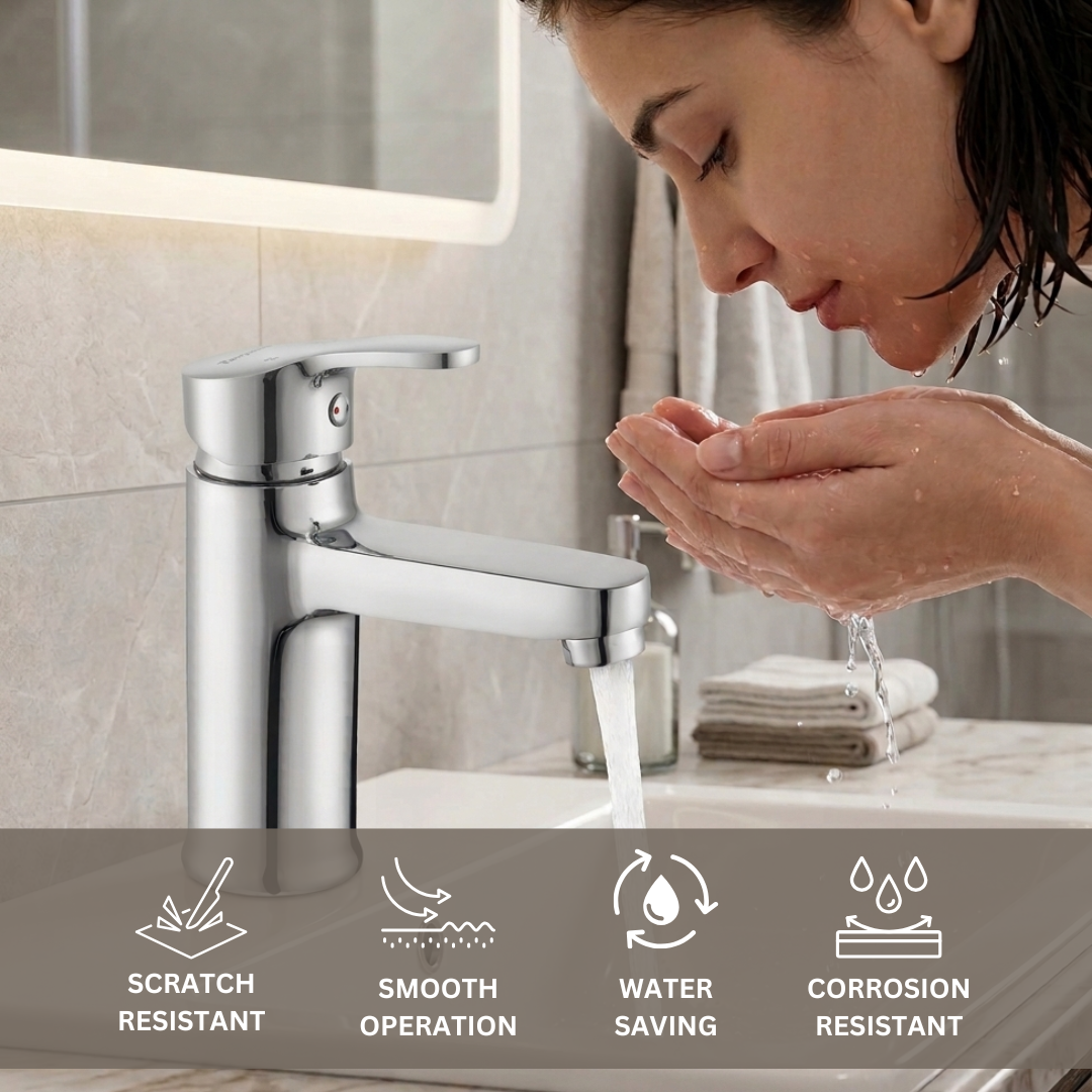 Parryware PRUNO Brass Basin Mixer for Bathroom | Single Lever Deck Mounted Mixer tap with hot and Cold Function | Water Saving Foam Flow Aerator | 10 Years Warranty Chrome Finish | T5865A1