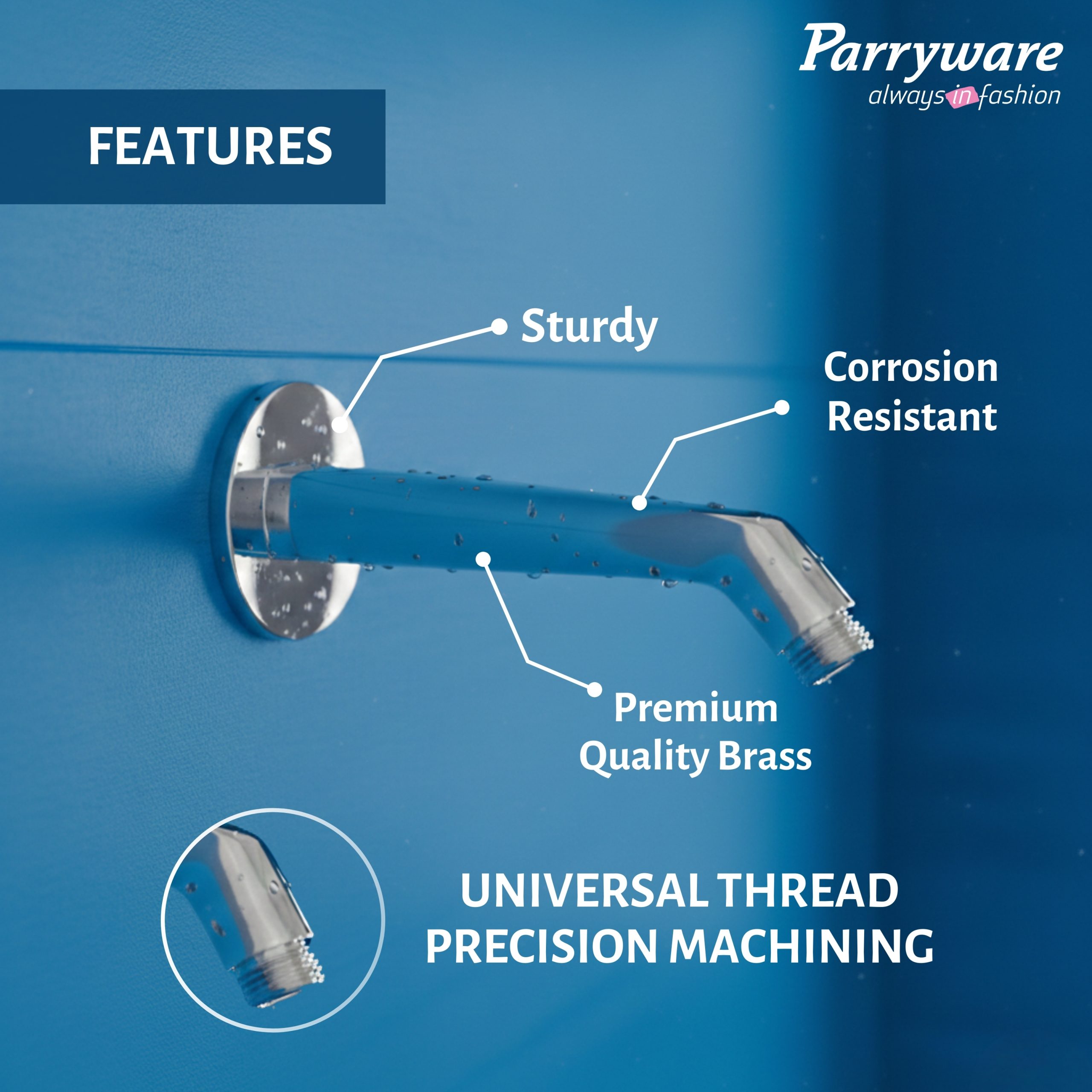 Parryware T9955A1 Square shower arm 9" | Corrosion resistant | Suitable for all model | 10 Year Warranty