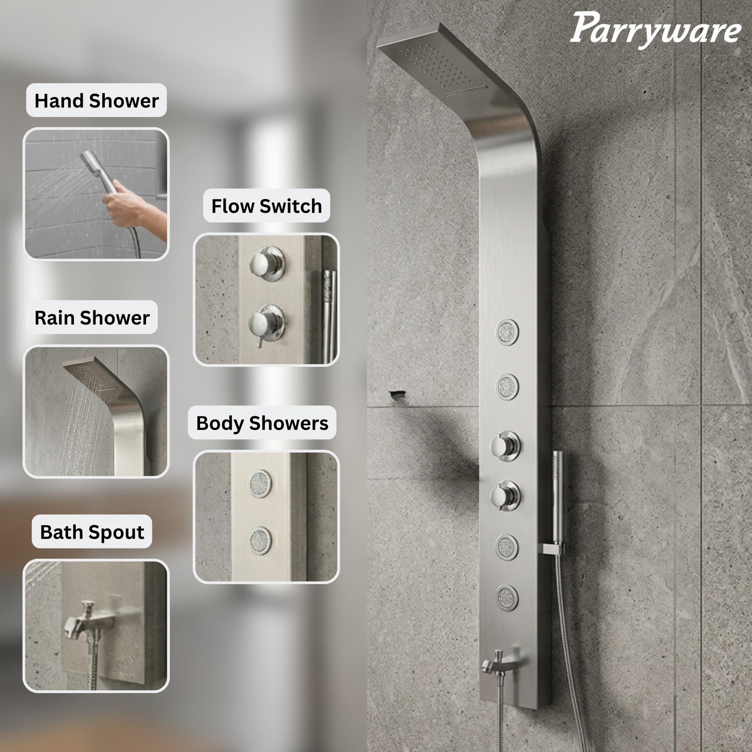 Parryware Verve In-Wall Thermostatic Shower Panel with Cascade Waterfall/Rain Shower and 4 Body Jets | C884099