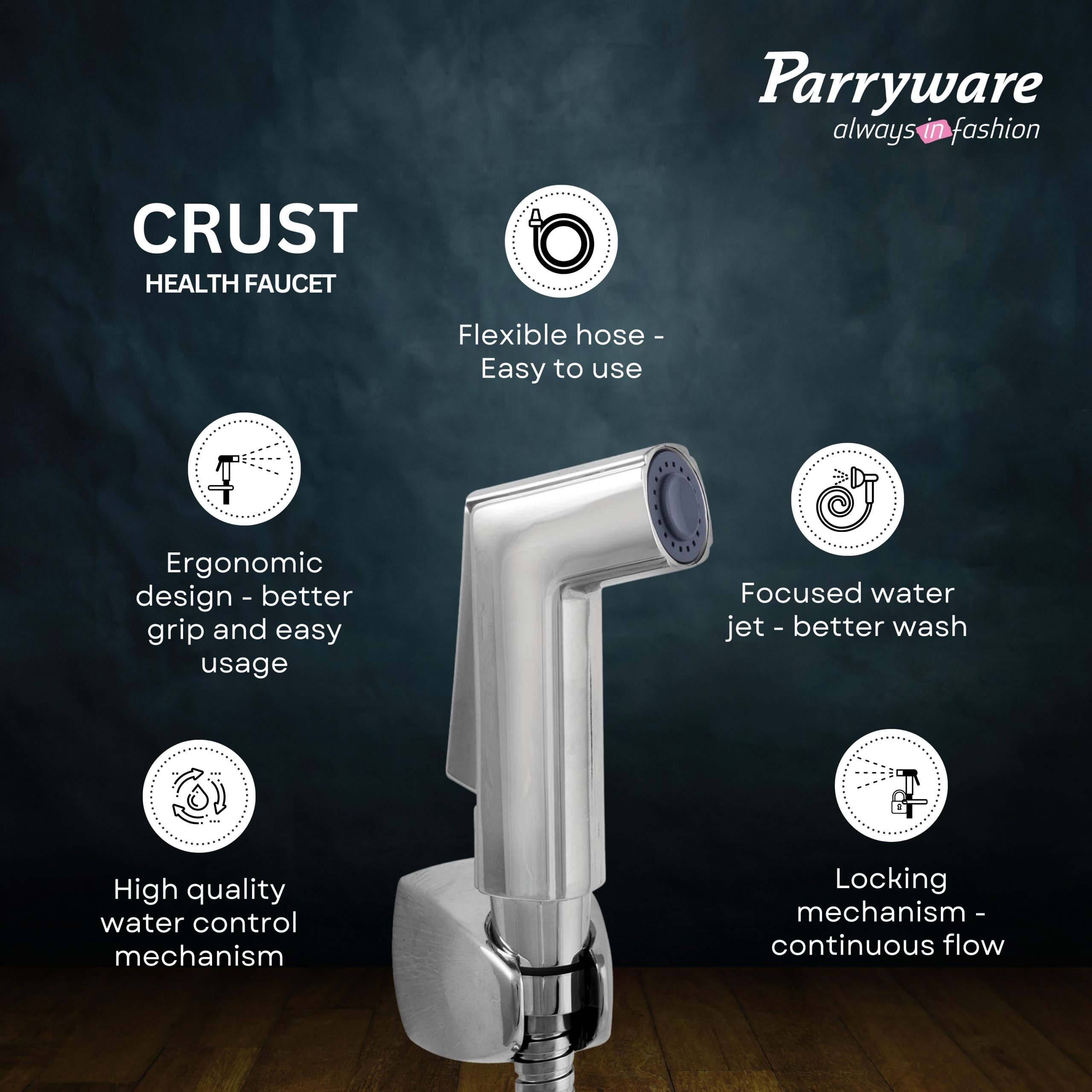 Parryware Crust ABS Chrome Finish Health Faucet with Hose & Hook | Wall Mounted Bidet Spray for Toilets | E8342A1