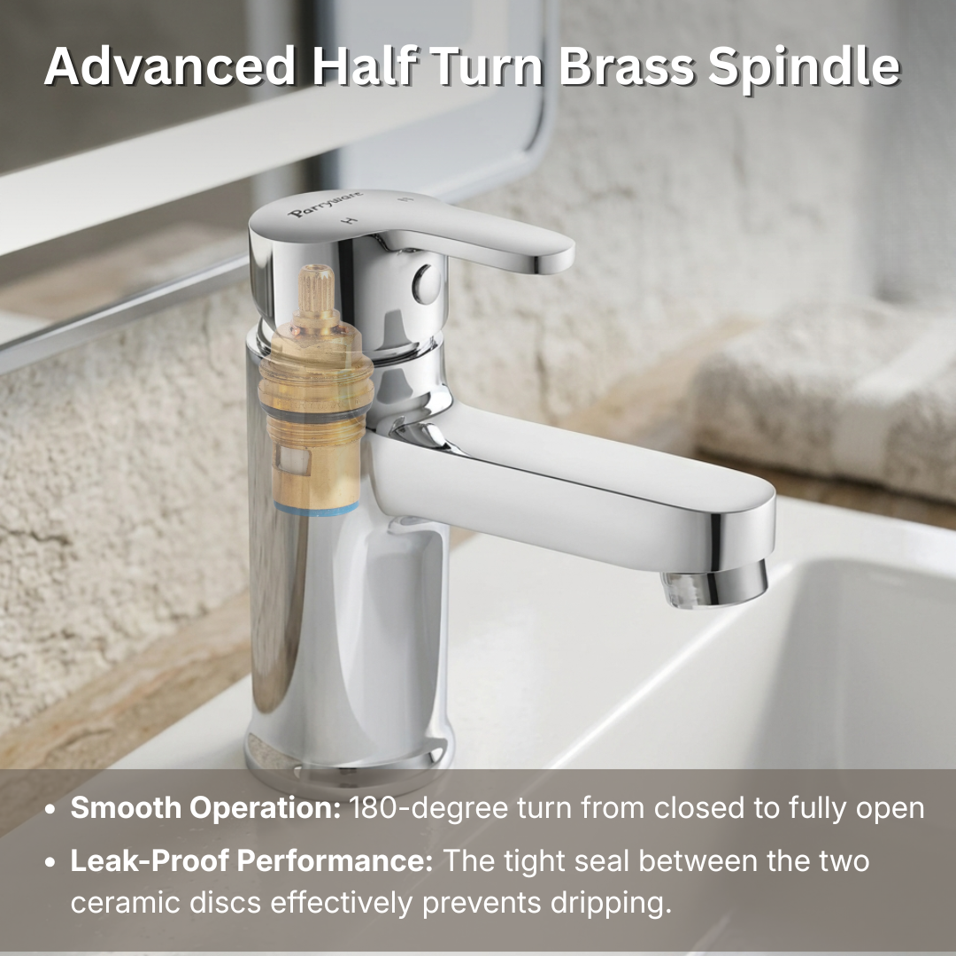 Parryware PRUNO Brass Basin Mixer for Bathroom | Single Lever Deck Mounted Mixer tap with hot and Cold Function | Water Saving Foam Flow Aerator | 10 Years Warranty Chrome Finish | T5865A1