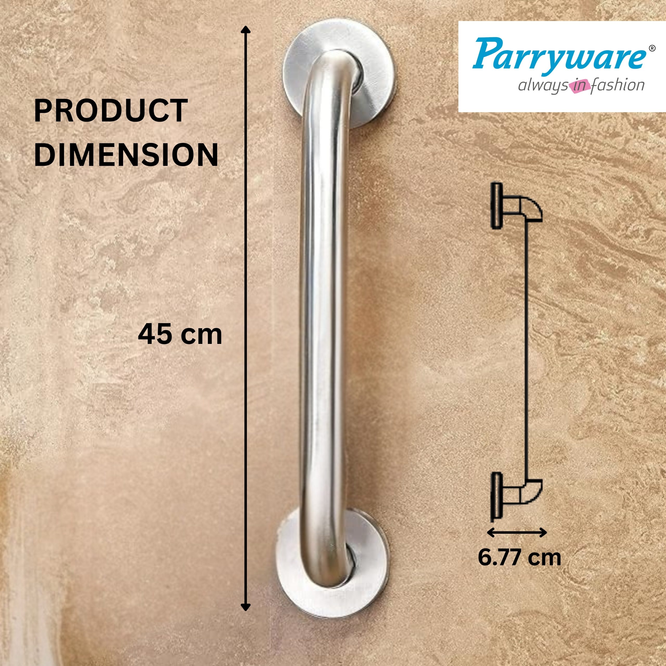 Parryware Hotelier Handgrip 450mm | Modern Bathroom Towel Bar, Chrome-Plated Safety Grab Bar for Elders, Wall Installed | T6604A1