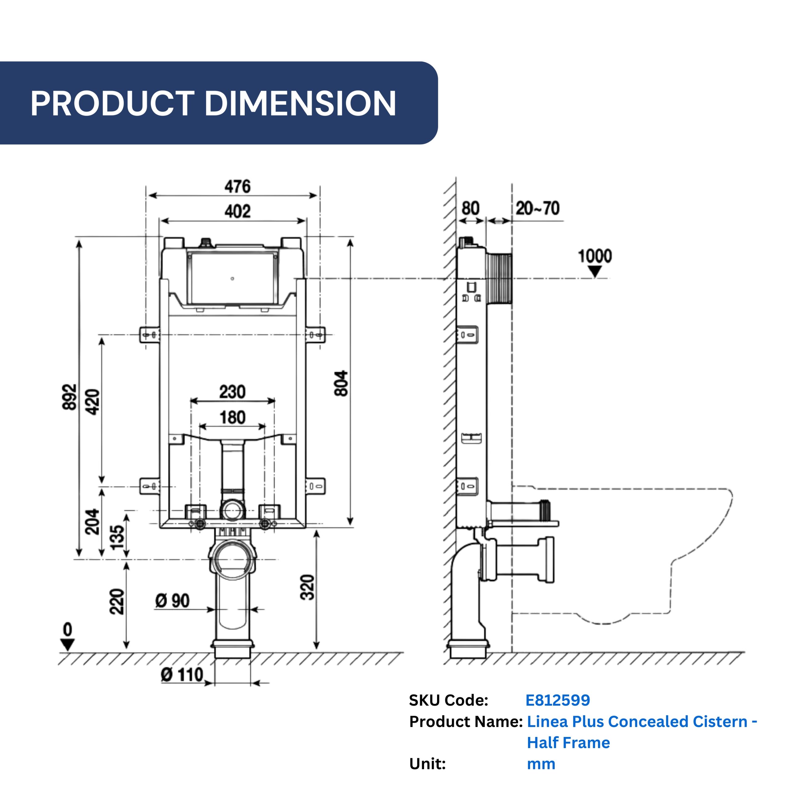 Parryware Linea Plus Concealed Cistern With Half Frame Without Push Platefor Wall Hung Toilets | Dual Flush Mechaism Inwall Tanks | E812599