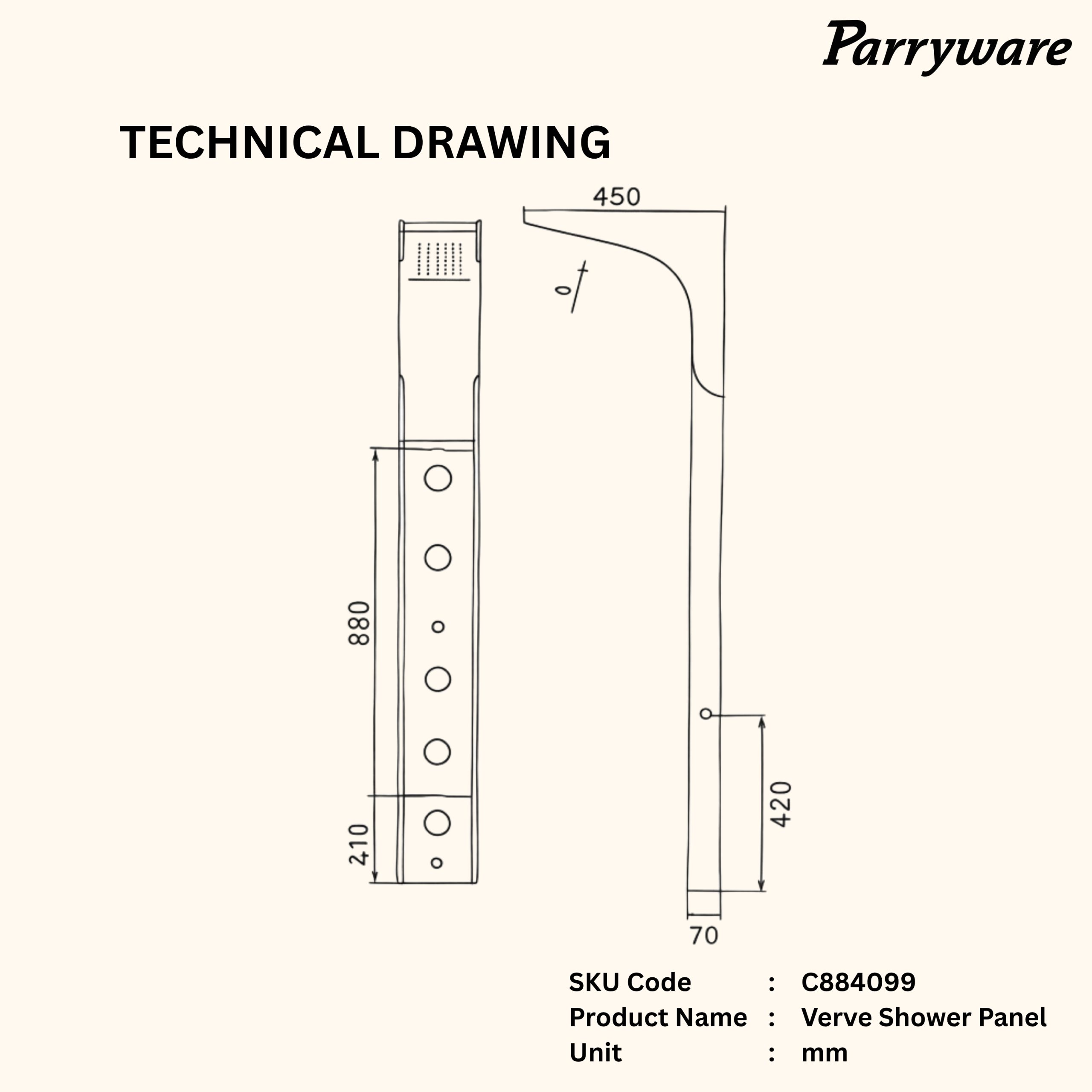 Parryware Verve In-Wall Thermostatic Shower Panel with Cascade Waterfall/Rain Shower and 4 Body Jets | C884099