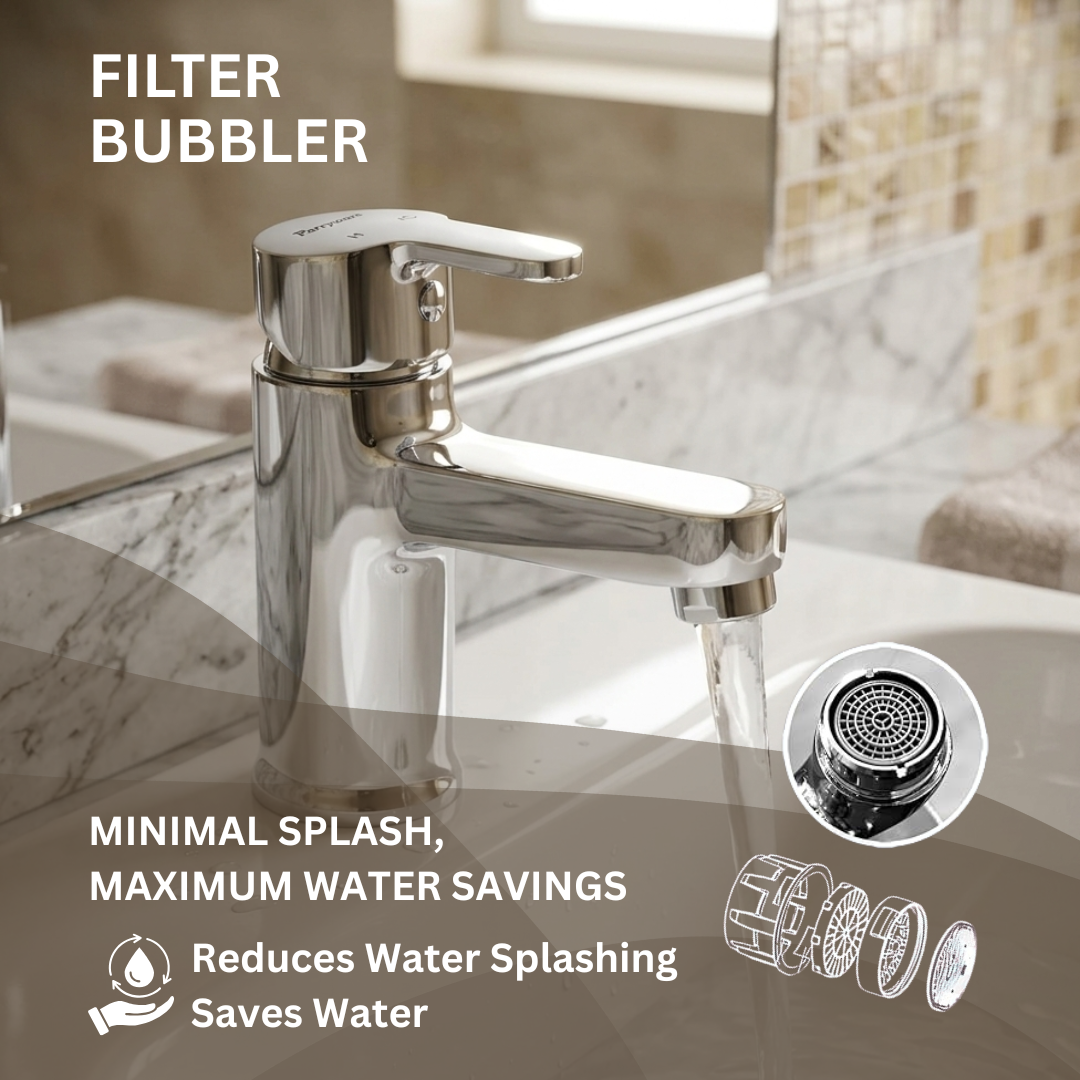 Parryware PRUNO Brass Basin Mixer for Bathroom | Single Lever Deck Mounted Mixer tap with hot and Cold Function | Water Saving Foam Flow Aerator | 10 Years Warranty Chrome Finish | T5865A1