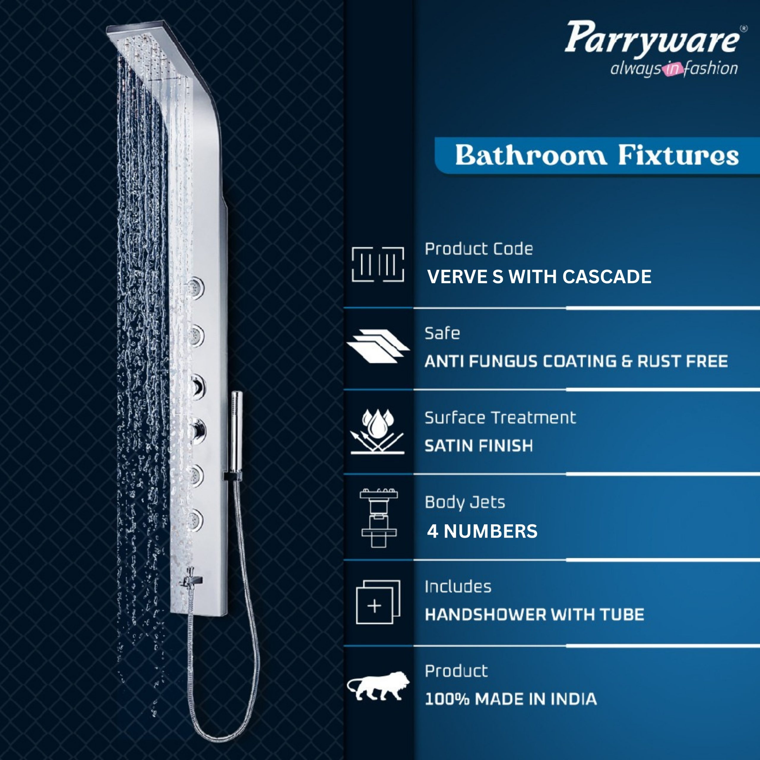 Parryware Verve In-Wall Thermostatic Shower Panel with Cascade Waterfall/Rain Shower and 4 Body Jets | C884099