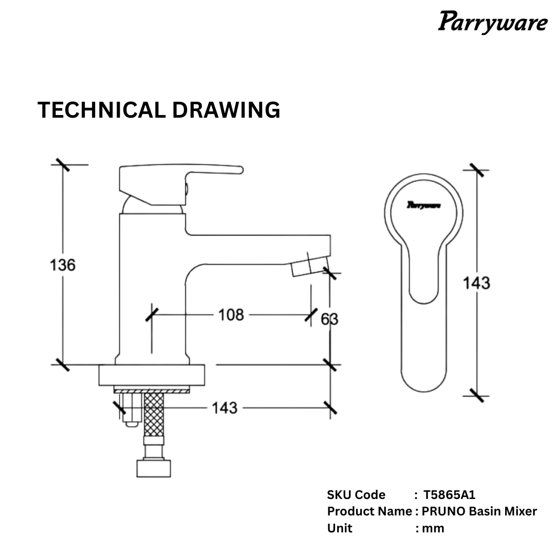 Parryware PRUNO Brass Basin Mixer for Bathroom | Single Lever Deck Mounted Mixer tap with hot and Cold Function | Water Saving Foam Flow Aerator | 10 Years Warranty Chrome Finish | T5865A1