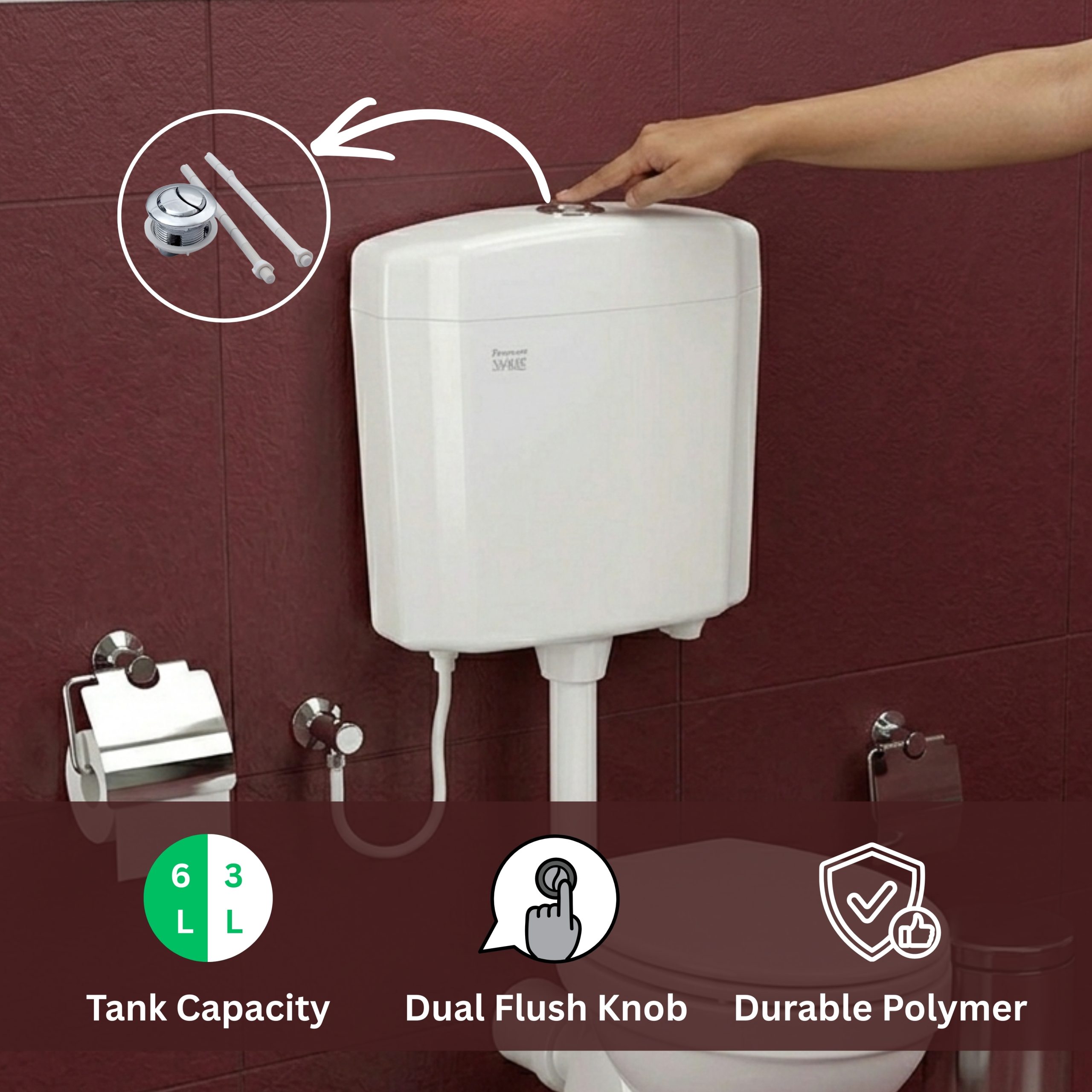 PARRYWARE HEXA SLIMLINE PRO Dual Flush Tank | Polymer cistern for toilet | PVC Dual Flush System Exposed CISTERN (White) 6-3L | 2 Year Warranty | for Western (EWC) or Indian Commodes | E83191C