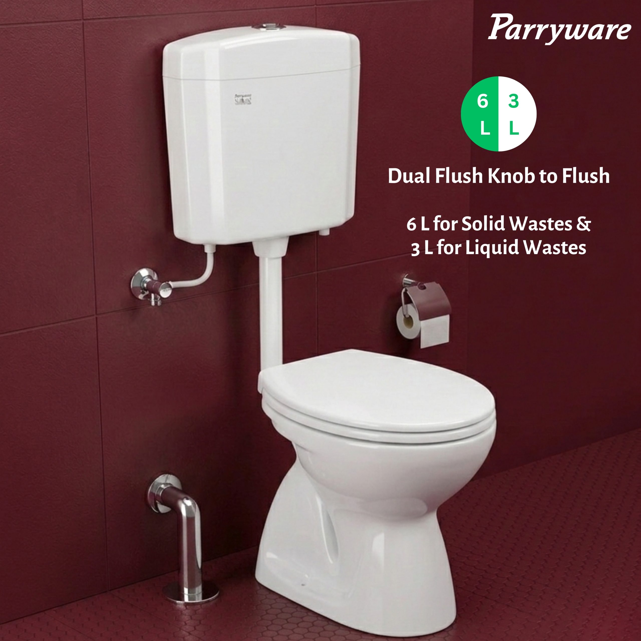 PARRYWARE HEXA SLIMLINE PRO Dual Flush Tank | Polymer cistern for toilet | PVC Dual Flush System Exposed CISTERN (White) 6-3L | 2 Year Warranty | for Western (EWC) or Indian Commodes | E83191C