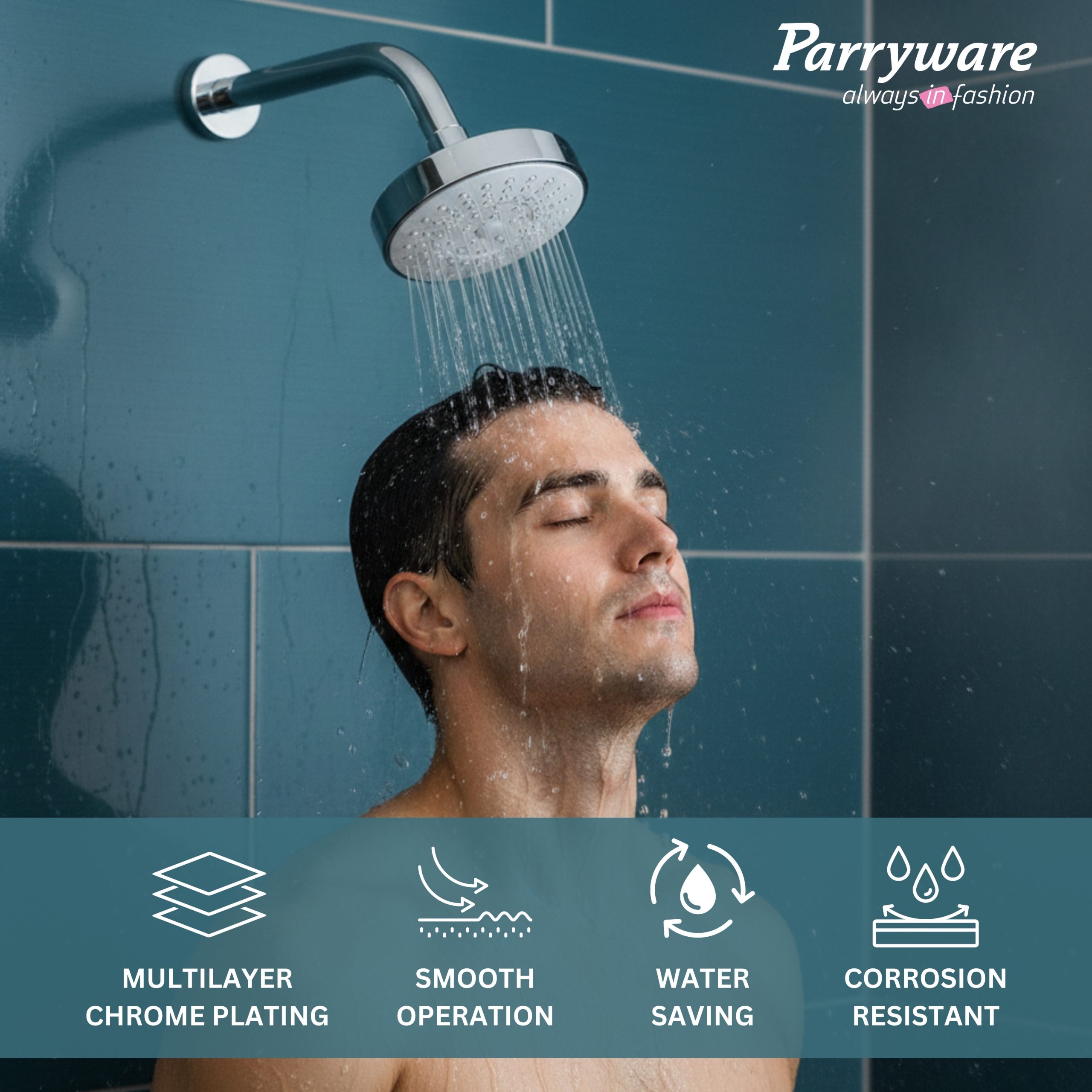 Parryware 100mm Overhead shower with shower arm for bathroom | Single Flow Rain shower ABS SS 202 Arm 8'' With Flange | For bathroom fixture | Wall mounted overhead shower with Chrome Finish | T9808A1