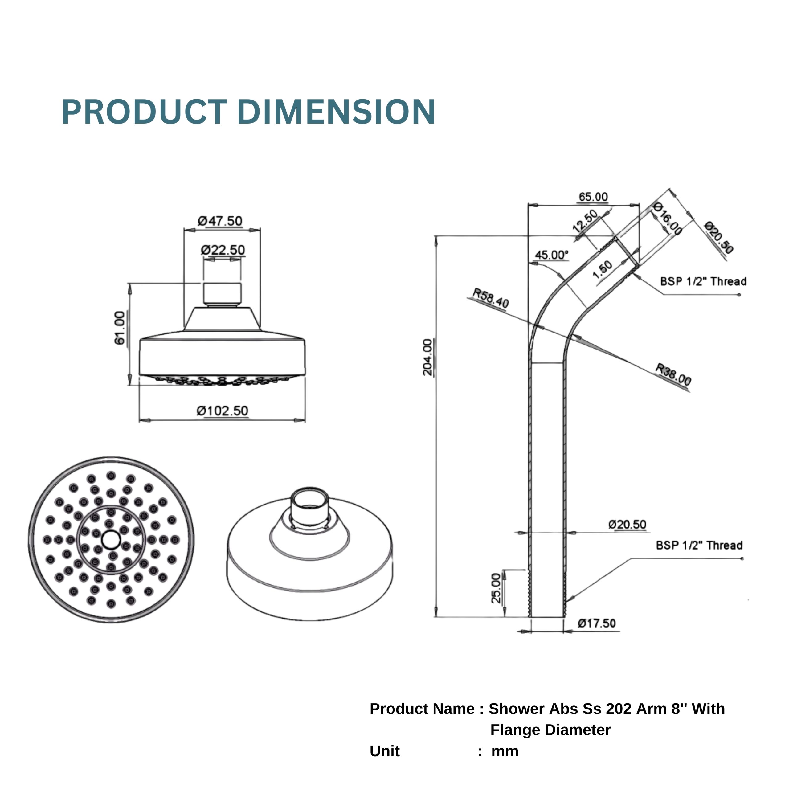 Parryware 100mm Overhead shower with shower arm for bathroom | Single Flow Rain shower ABS SS 202 Arm 8'' With Flange | For bathroom fixture | Wall mounted overhead shower with Chrome Finish | T9808A1