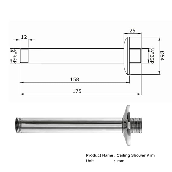Parryware Stainless Steel Shower Arm for Ceiling Showers | Ceiling Shower Arm (100mm) - Image 5